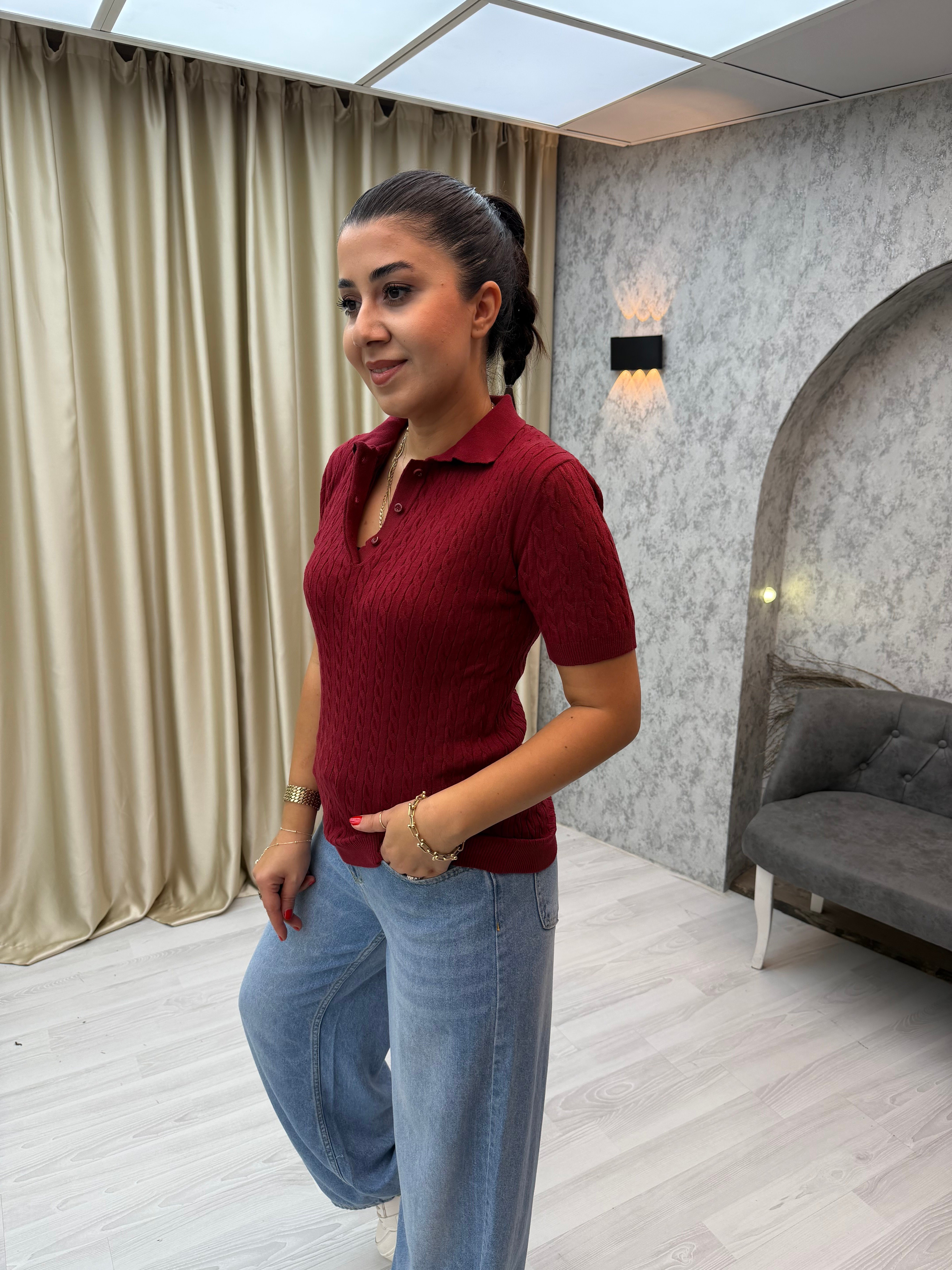 Saç Örgü Polo Yaka Pamuk Triko Bordo
