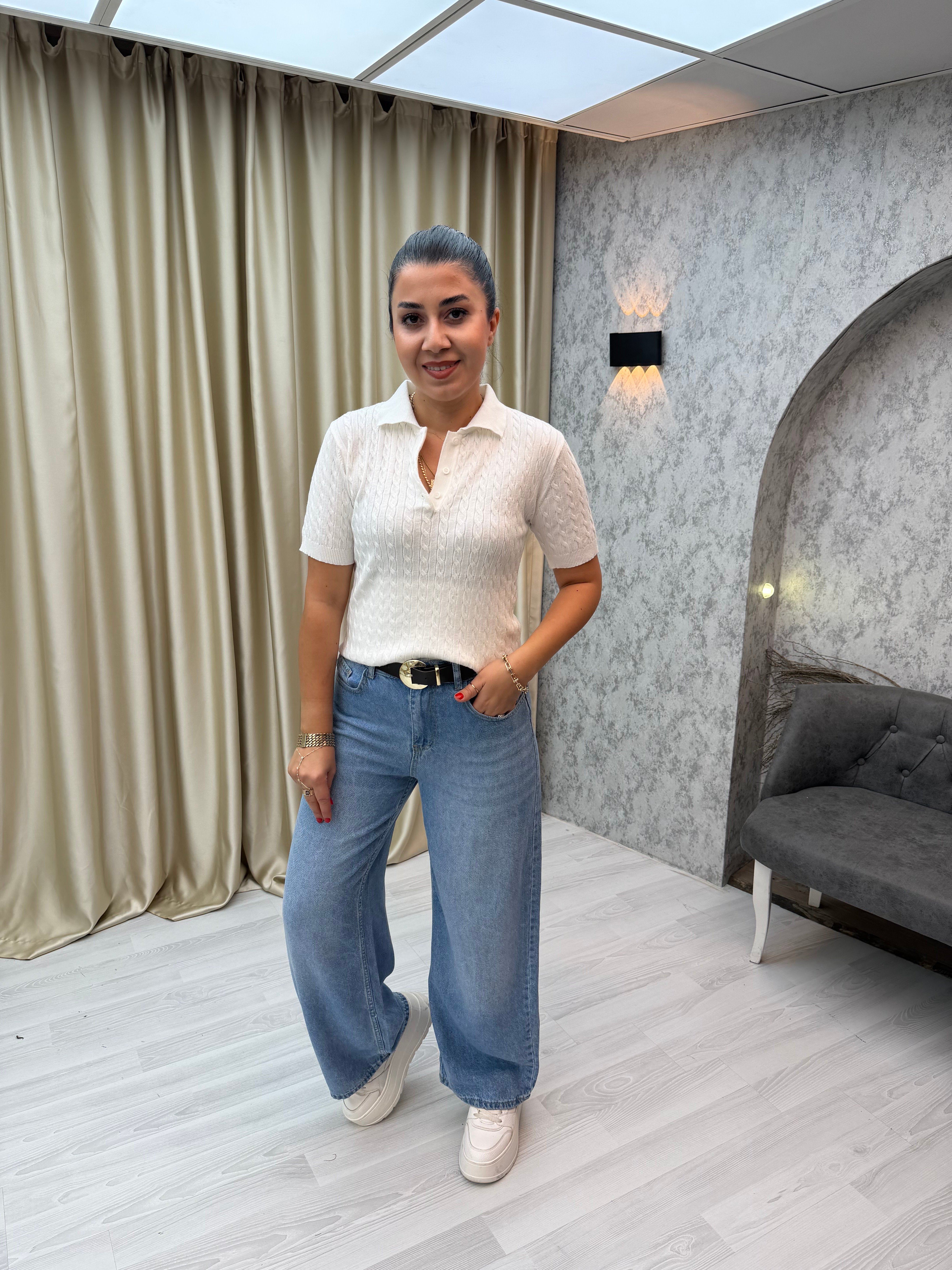 Saç Örgü Polo Yaka Pamuk Triko Ekru