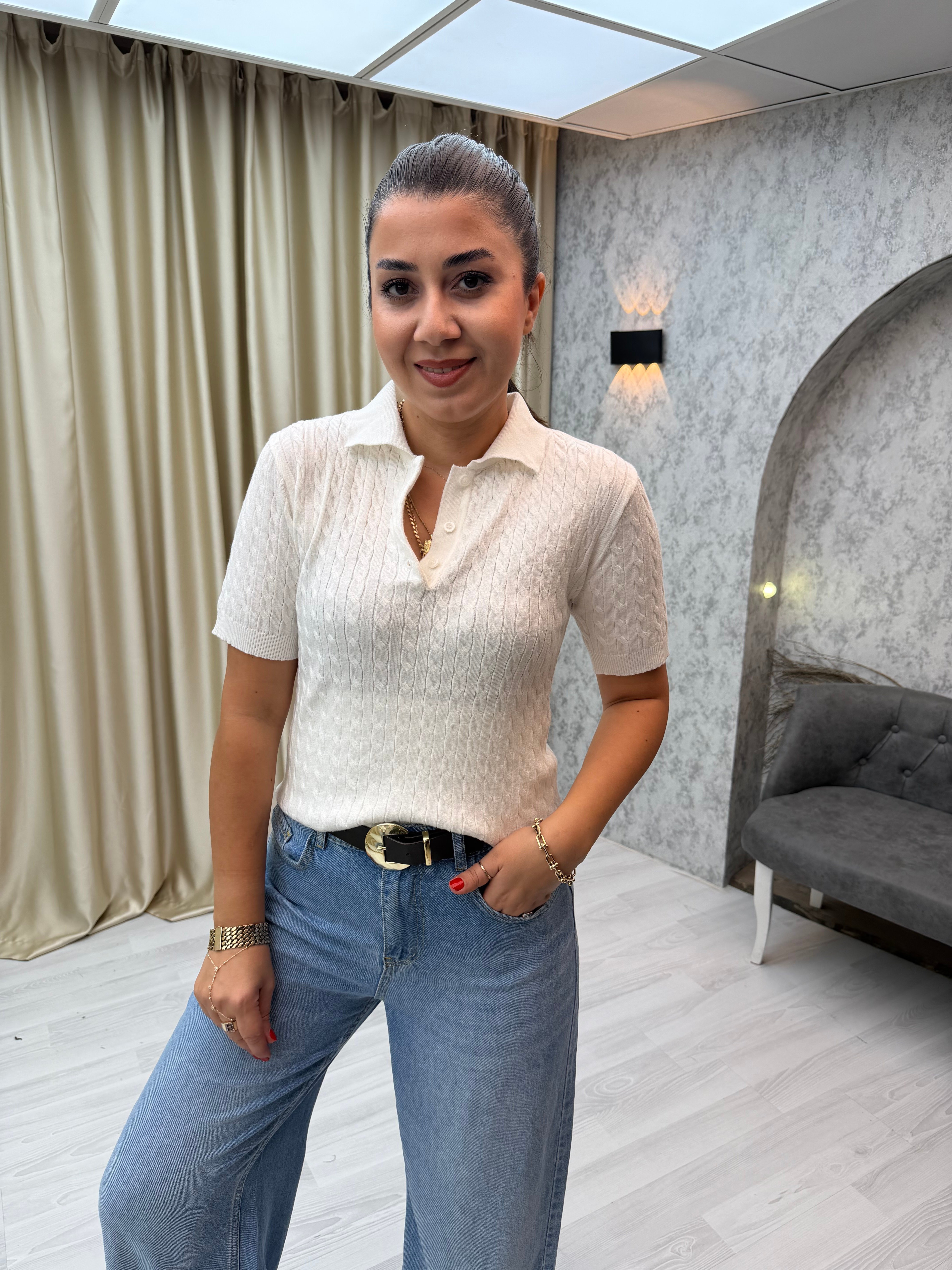 Saç Örgü Polo Yaka Pamuk Triko Ekru