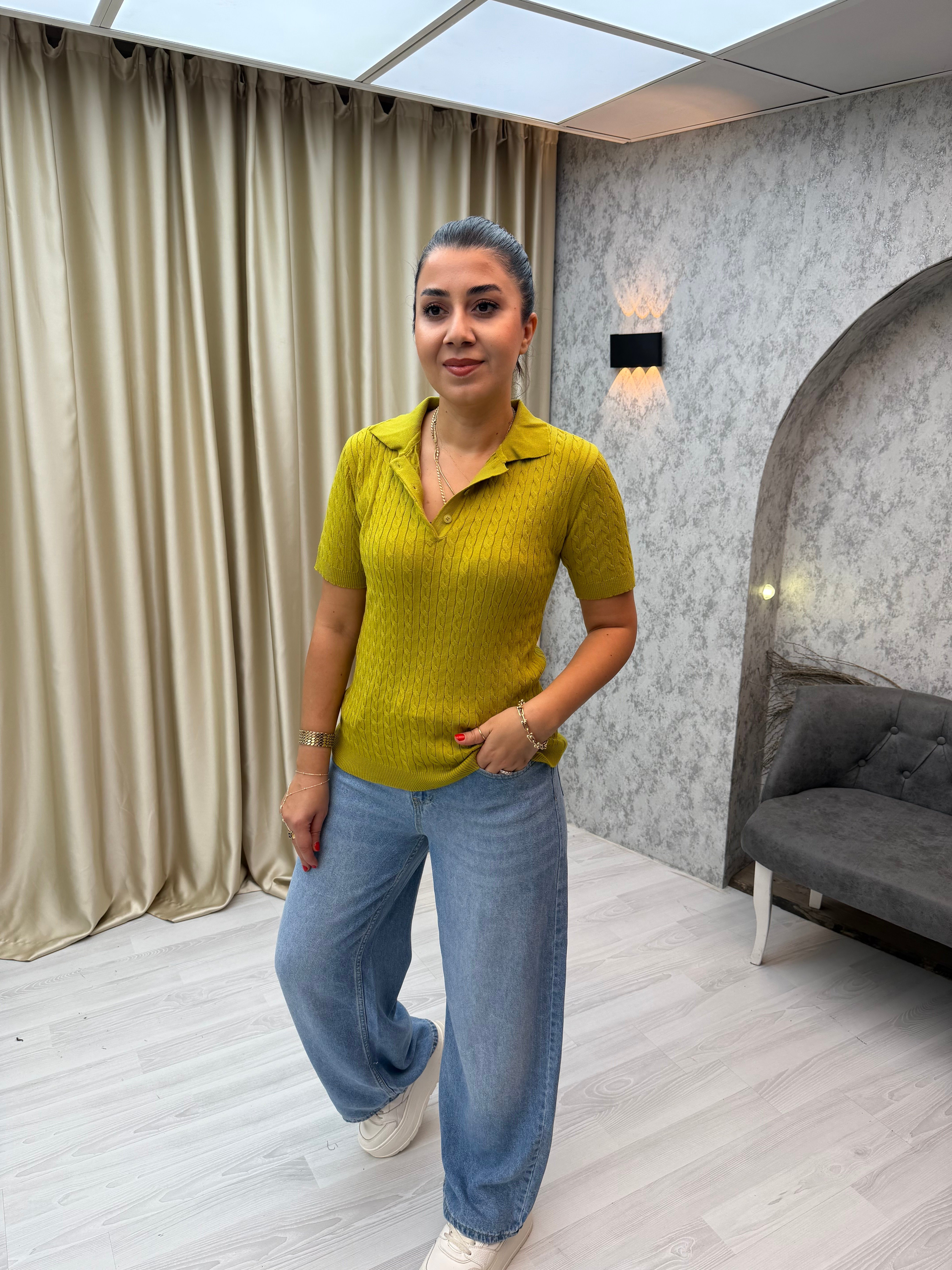 Saç Örgü Polo Yaka Pamuk Triko Yağ Yeşili