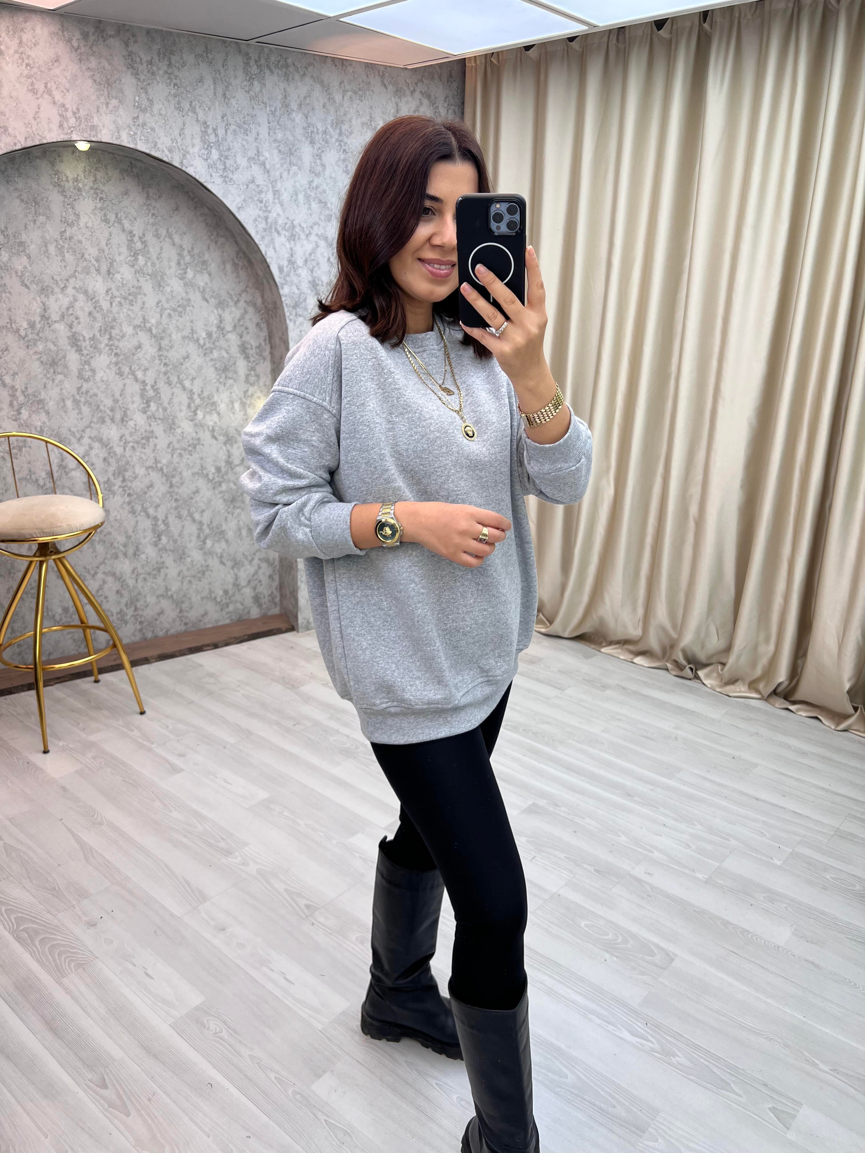 Şardonlu Düz Sweat Gri
