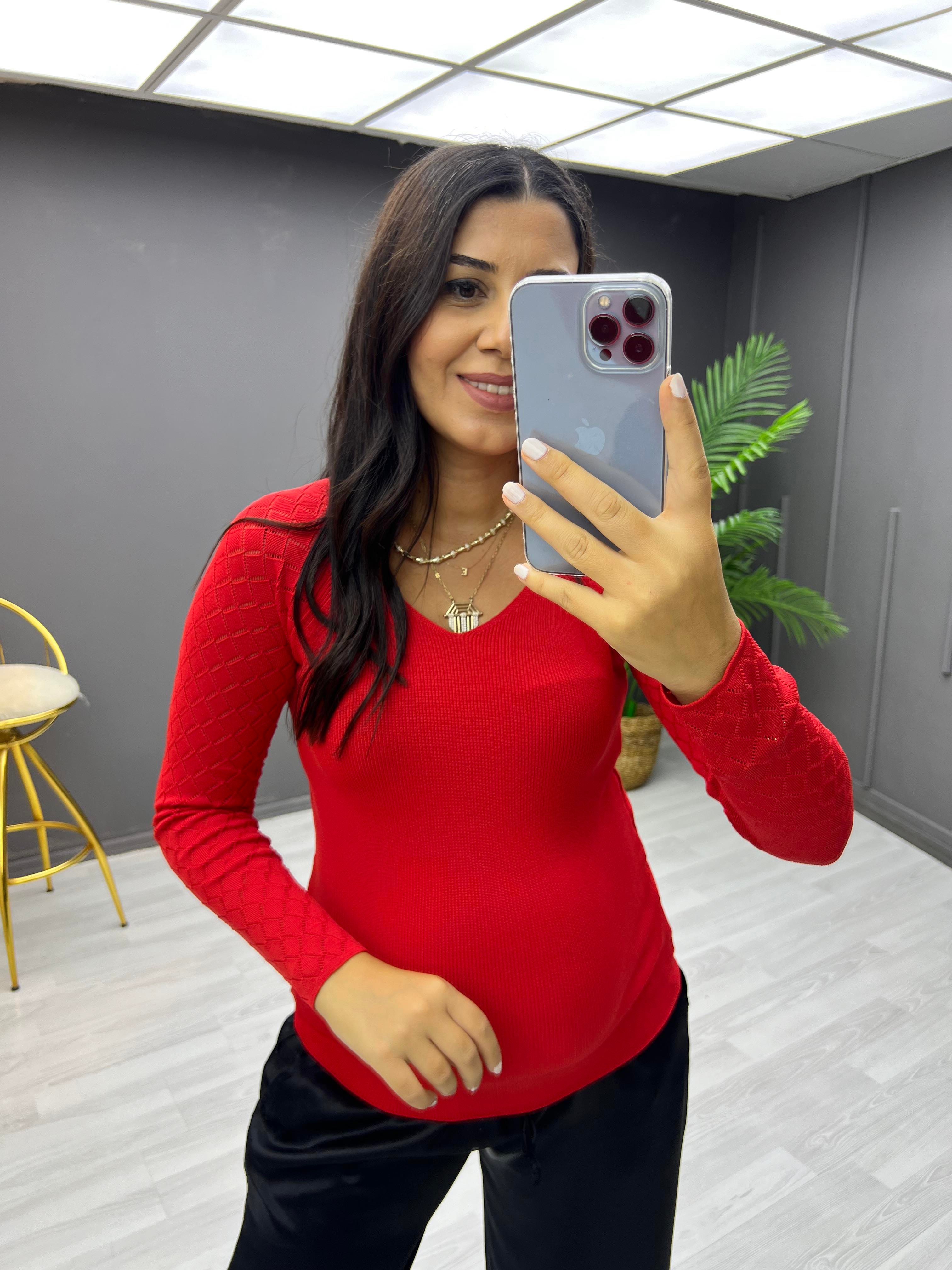 Selanik Kol Desenli Bluz Kırmızı