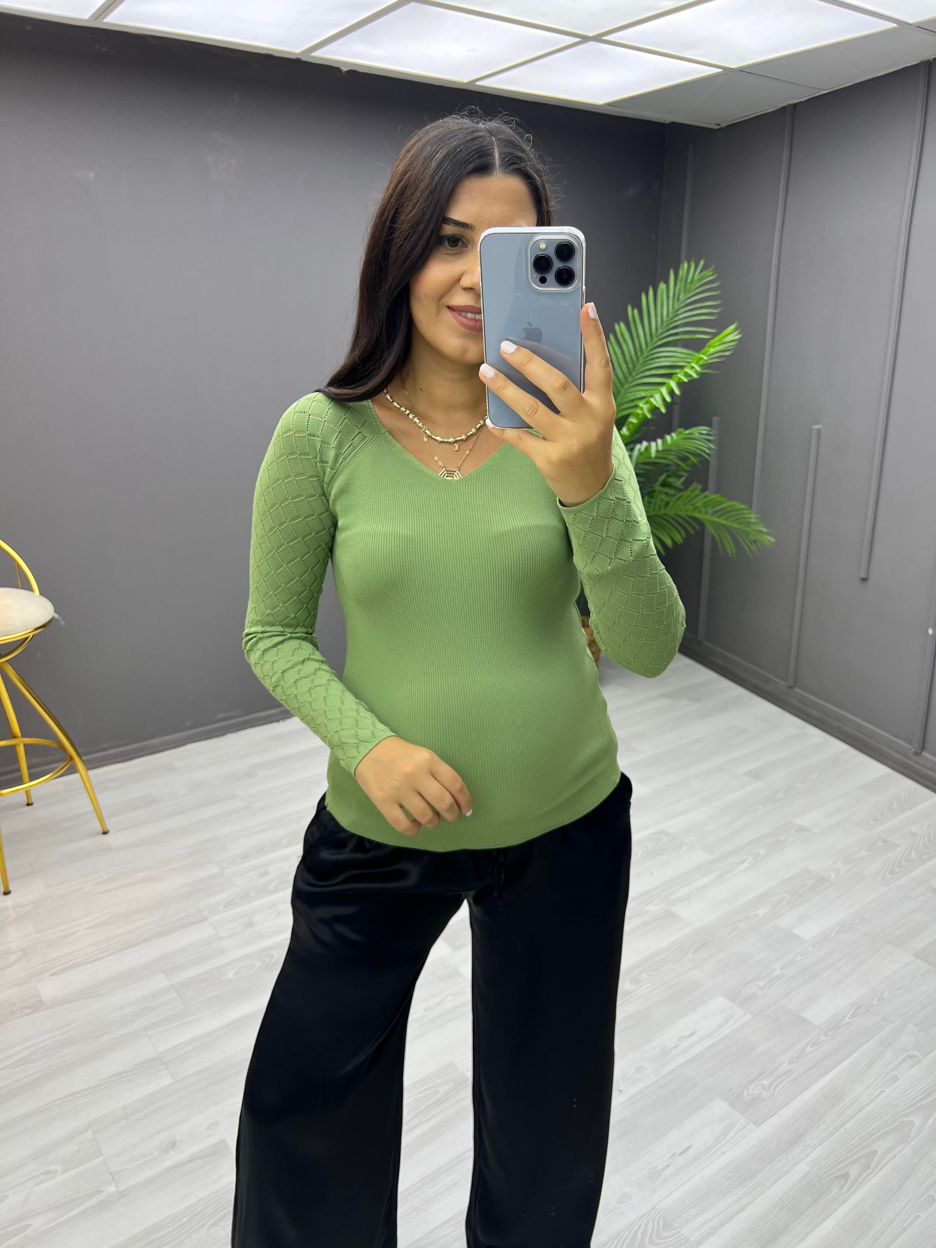 Selanik Kol Desenli Bluz Mint Yeşili