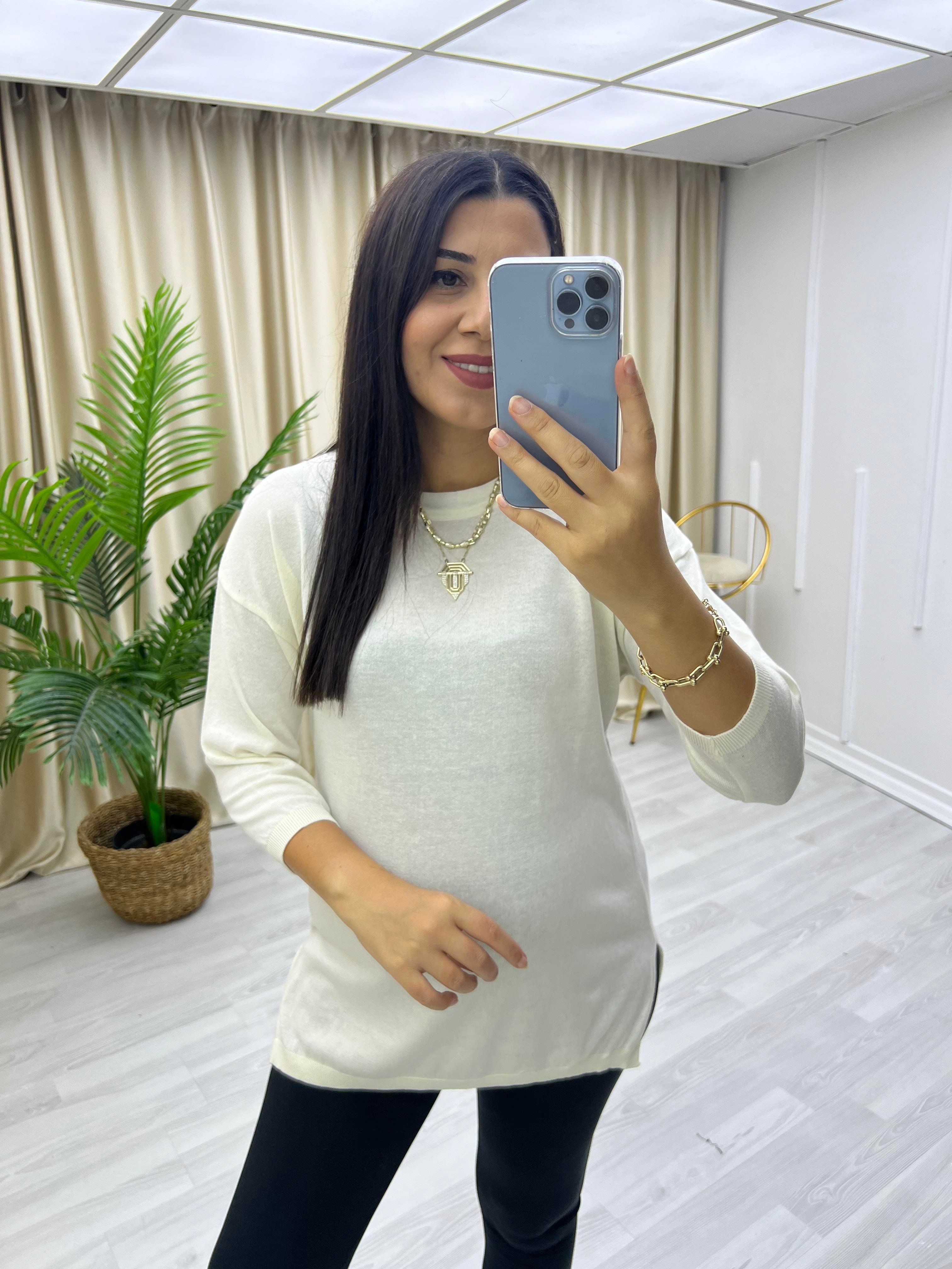 Sıfır Yaka Salaş Pamuk Triko Bluz Ekru
