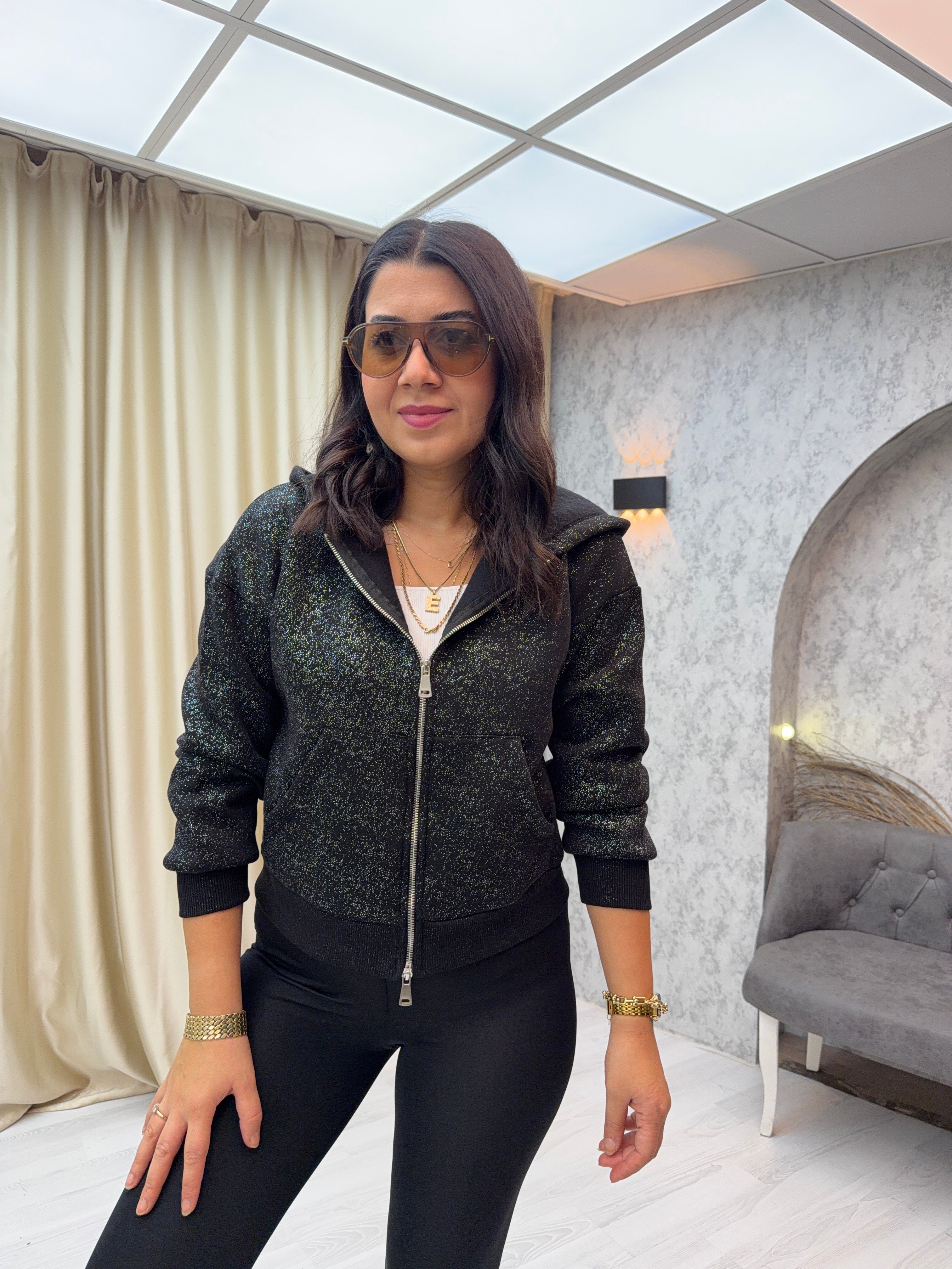 Simli Kapişonlu Sweat Siyah