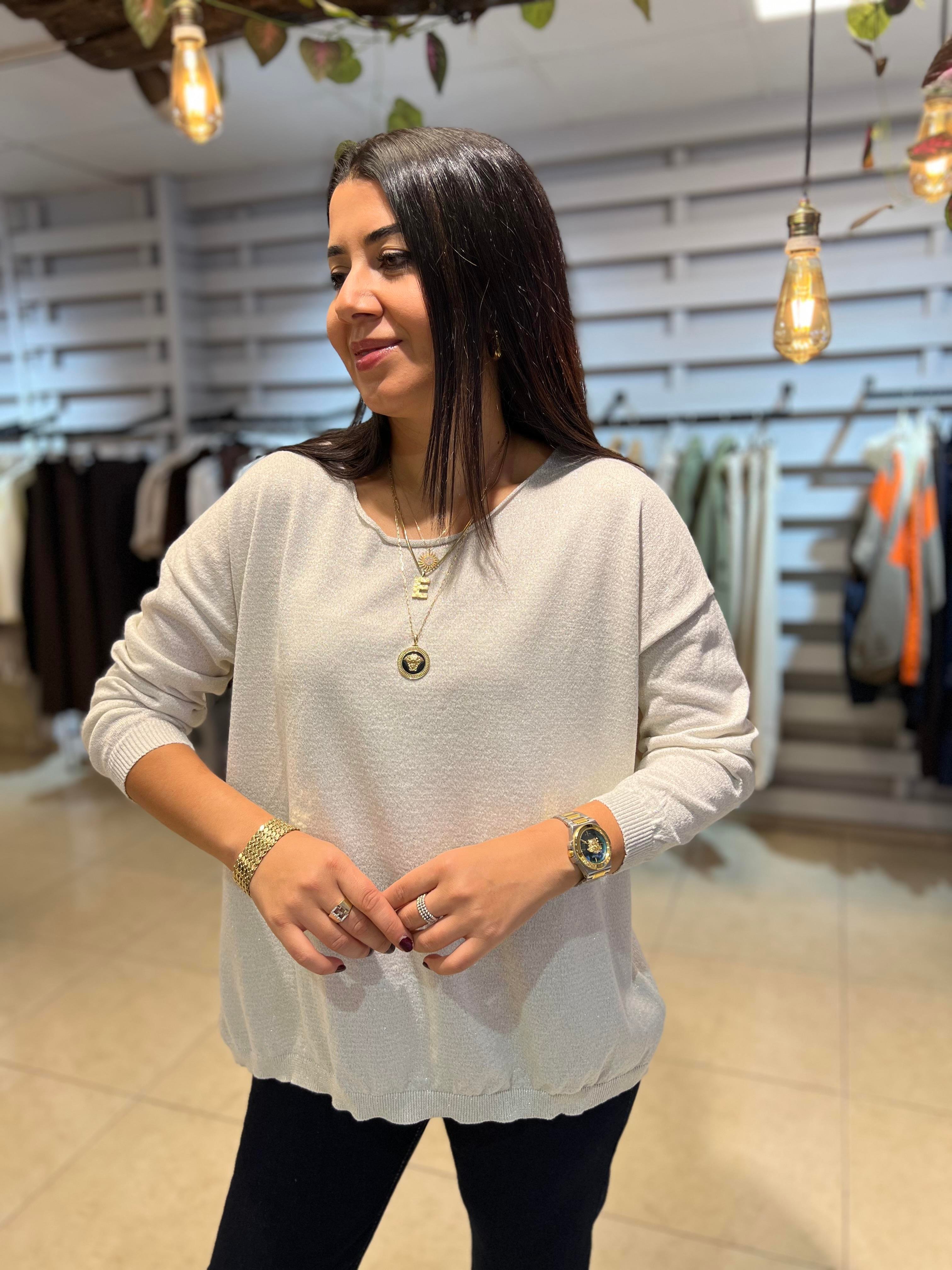 Simli Salaş Pamuk Triko Bluz Beyaz