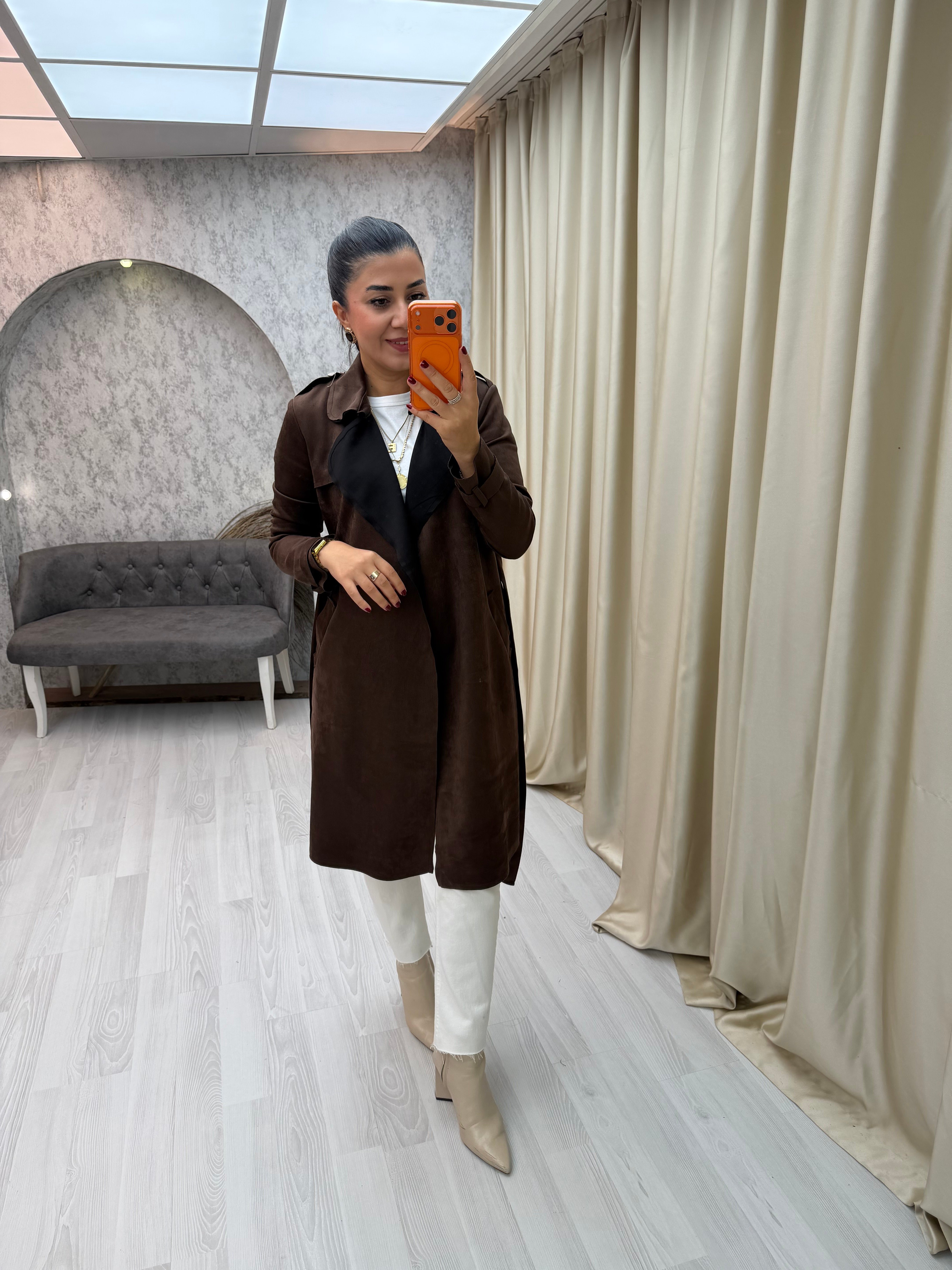 Süet Trençkot Kahverengi