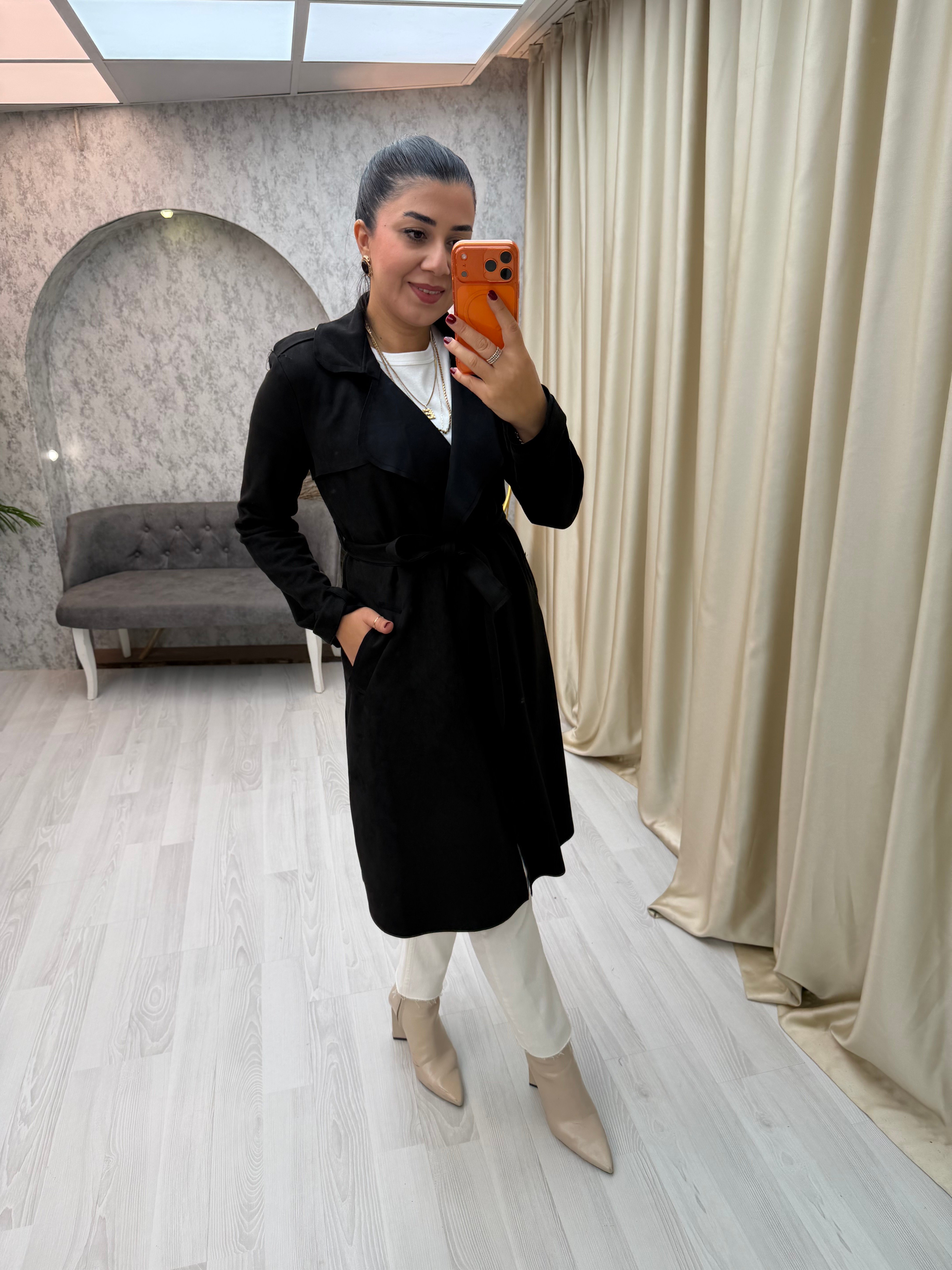 Süet Trençkot Siyah