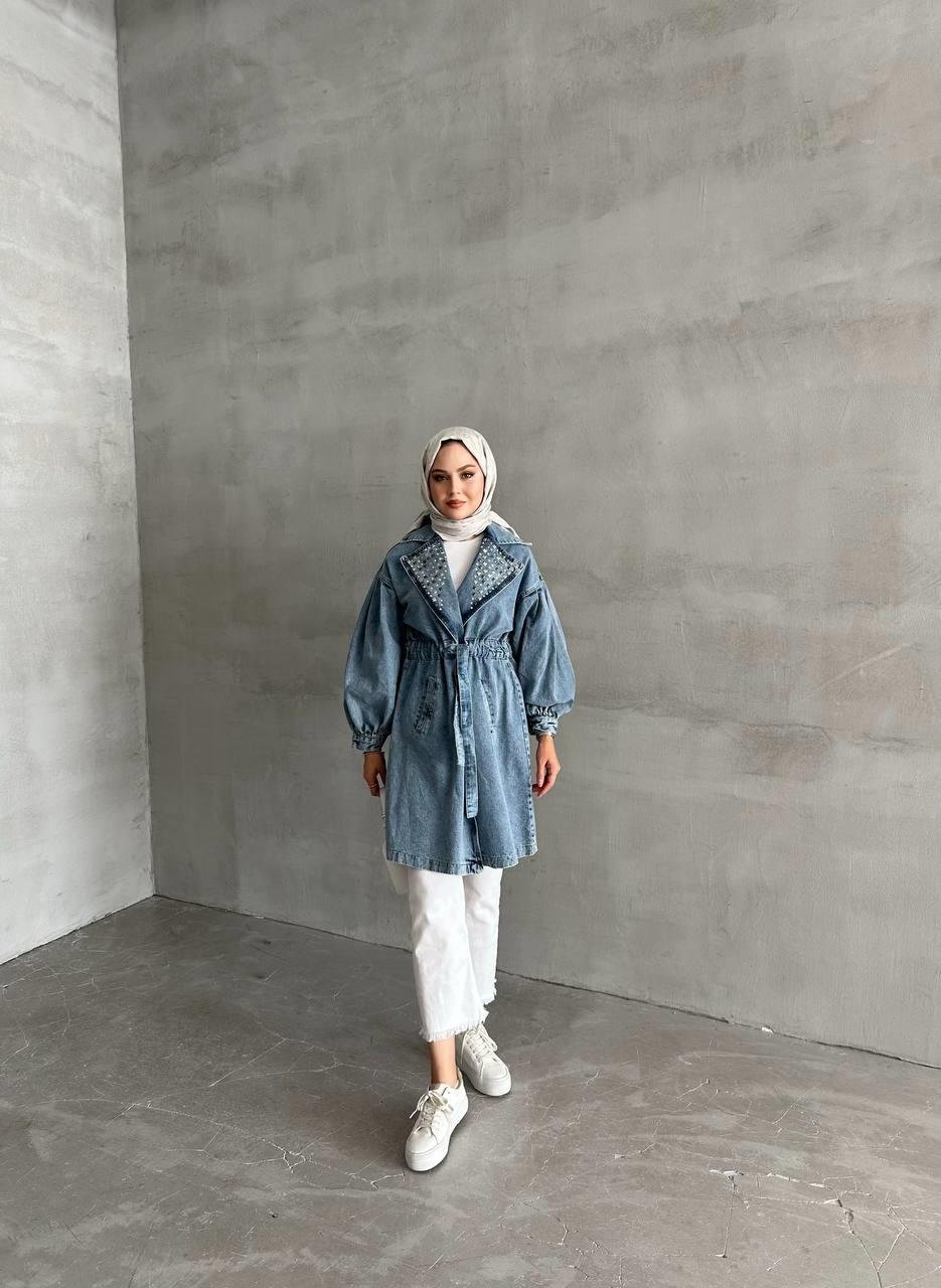 Taşlı Denim Cepli Trençkot Açık Mavi
