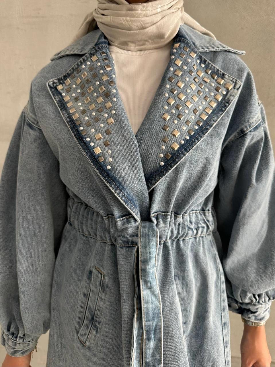 Taşlı Denim Cepli Trençkot Açık Mavi