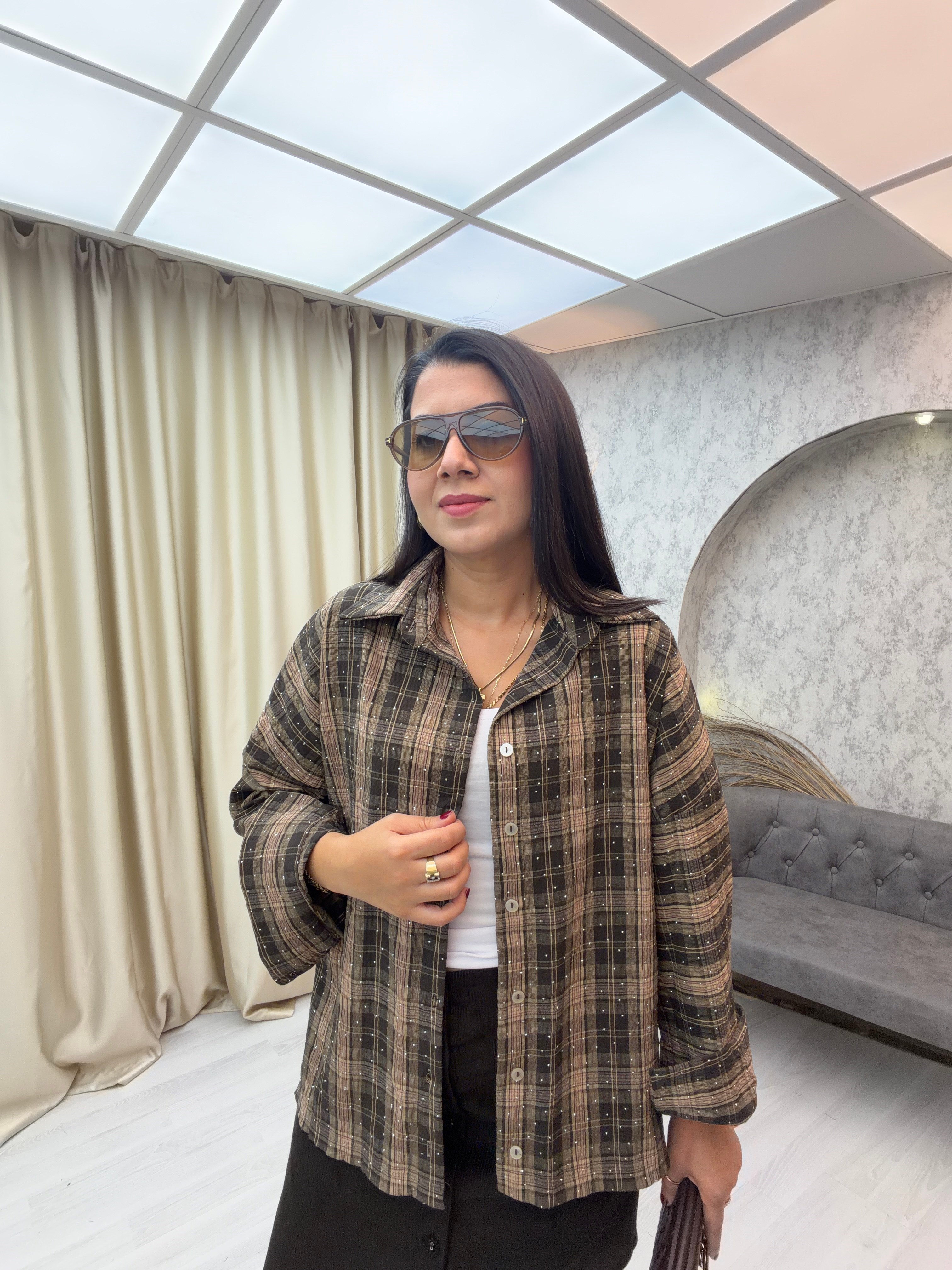 Taşlı Ekose Gömlek Ceket Kahverengi