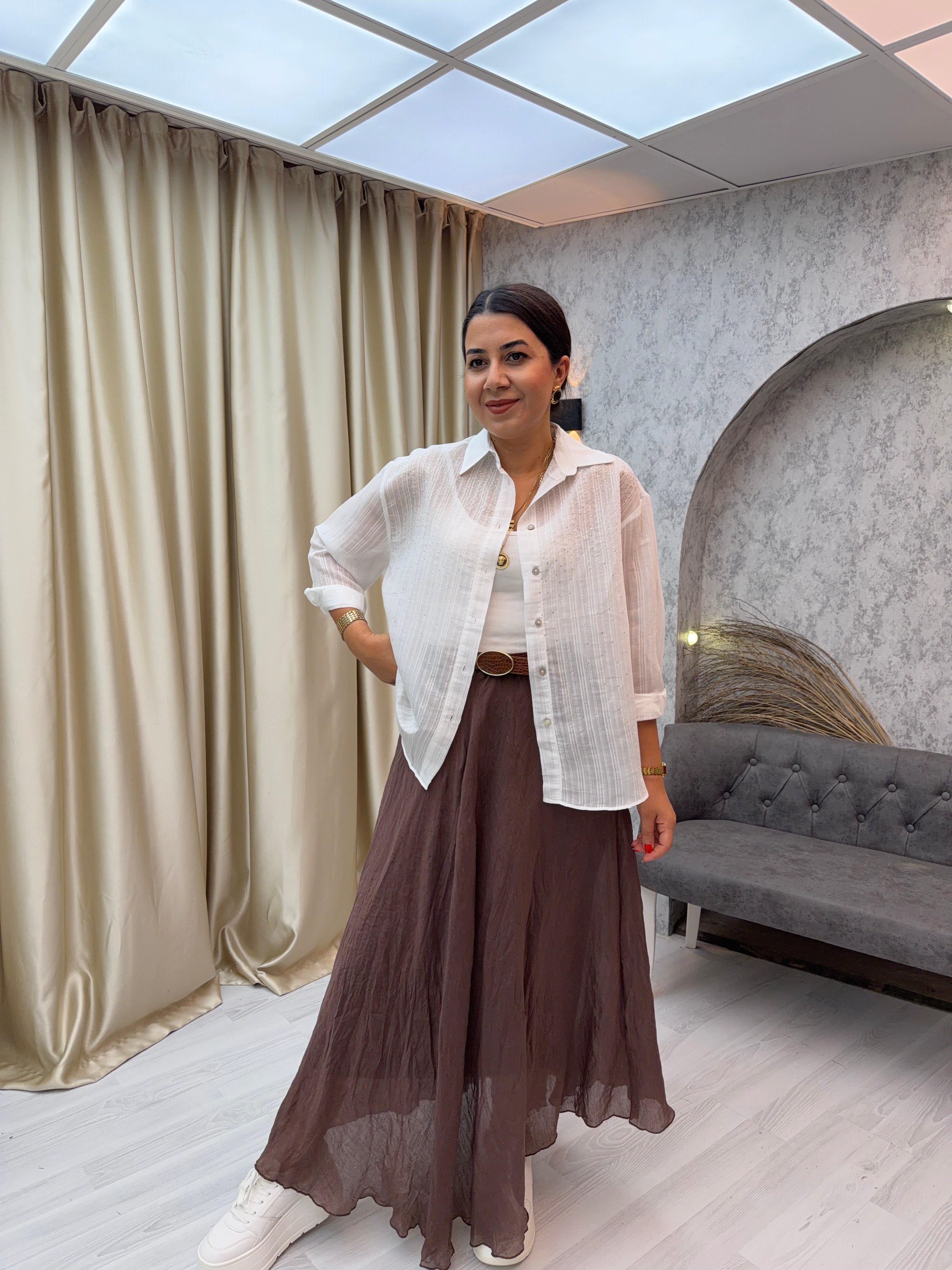 Taşlı Oversize Gömlek Beyaz