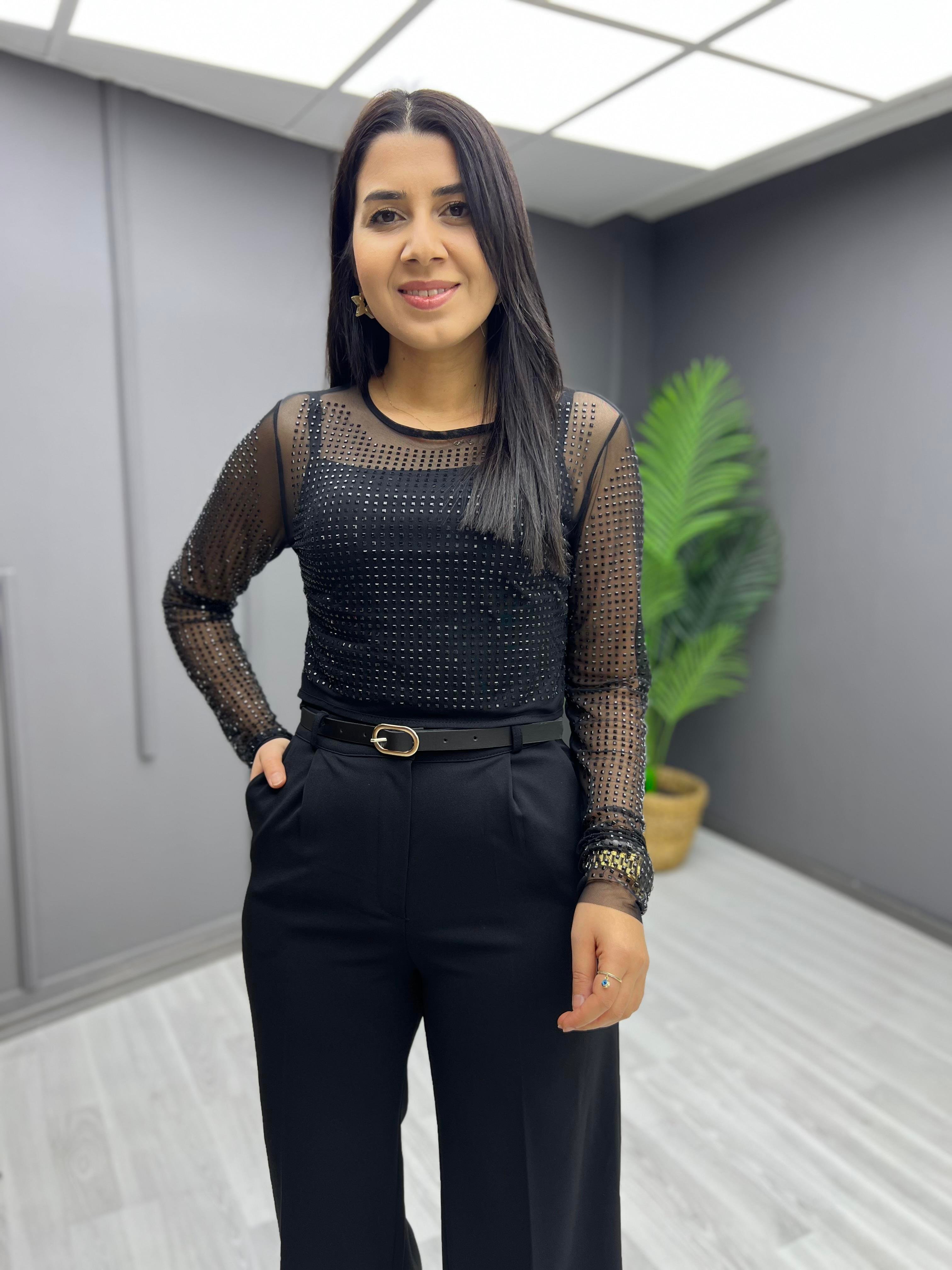 Taşlı Tül Bluz Siyah