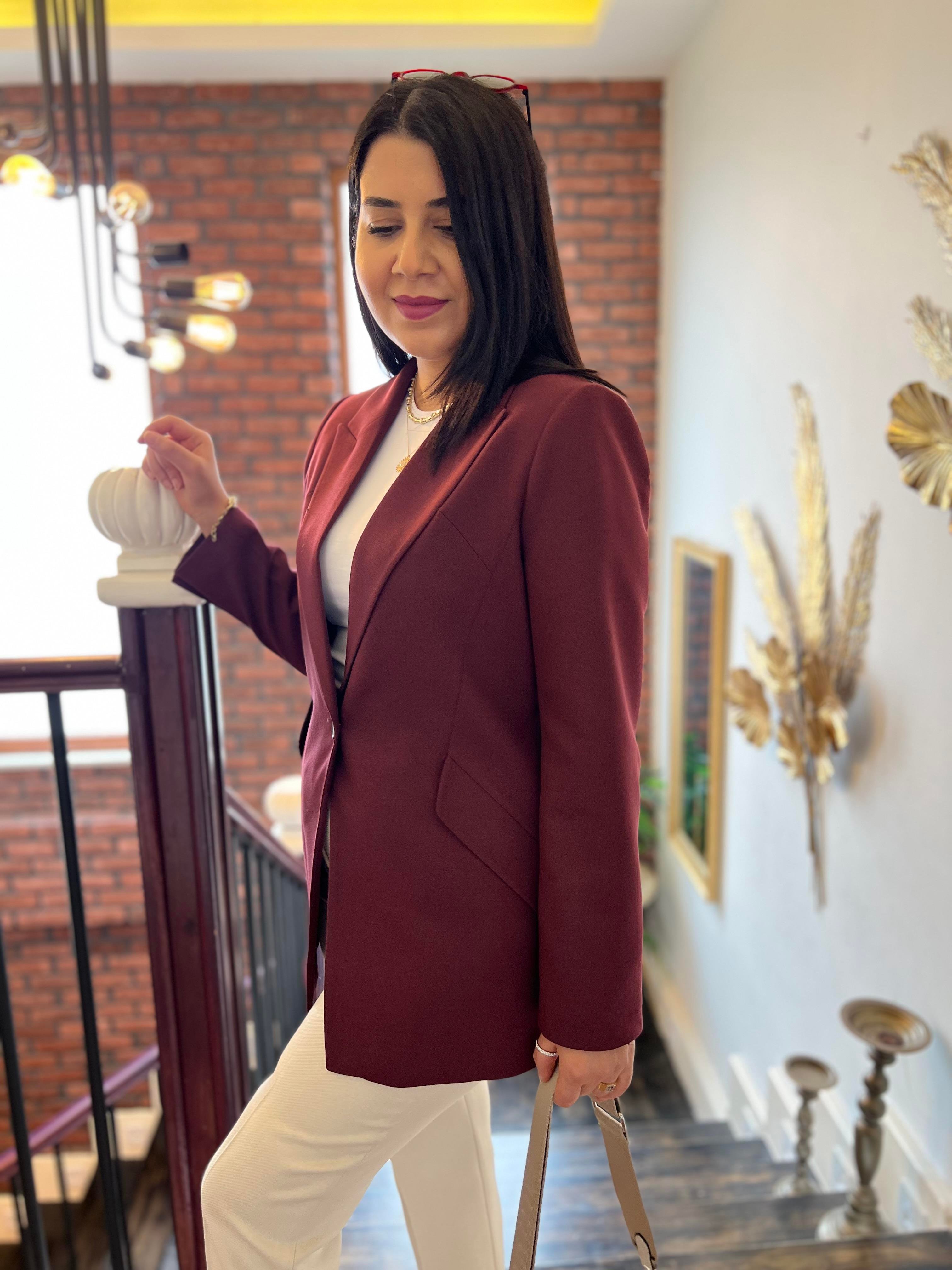 Tek Düğme Blazer Ceket Bordo