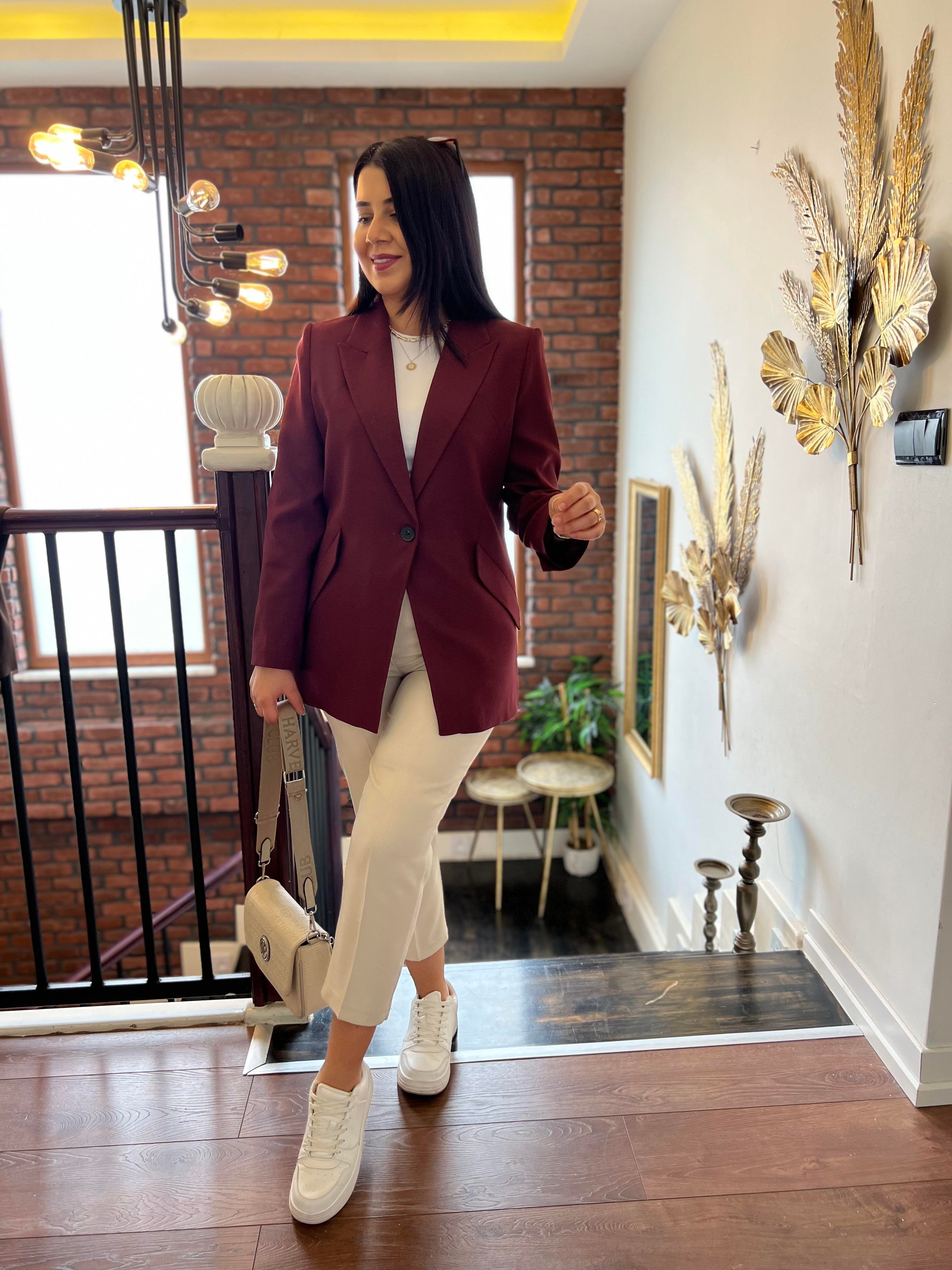 Tek Düğme Blazer Ceket Bordo