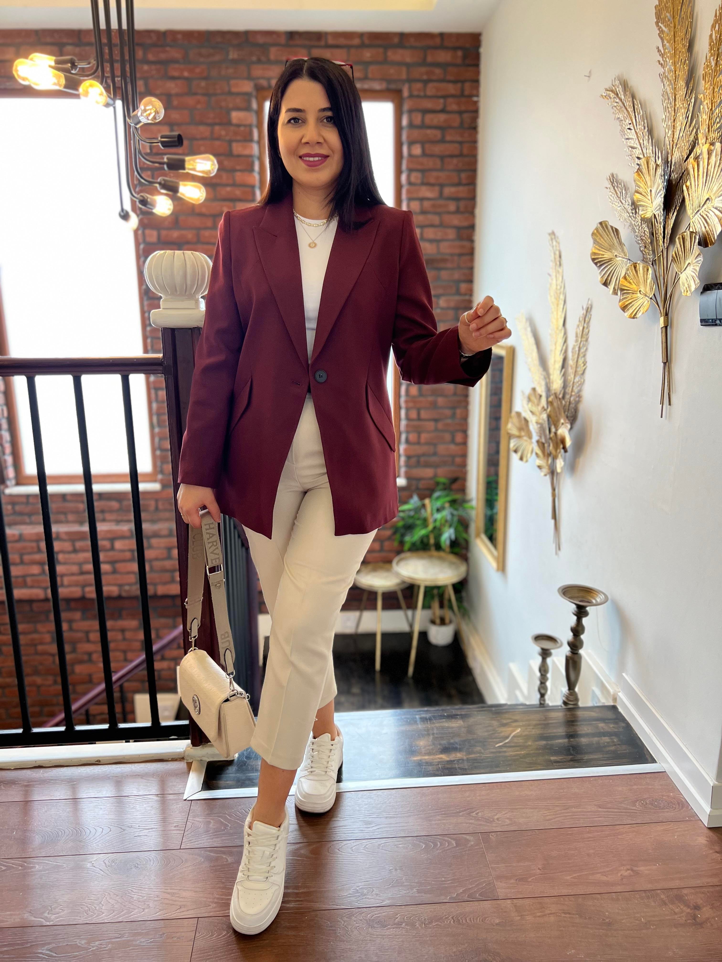 Tek Düğme Blazer Ceket Bordo