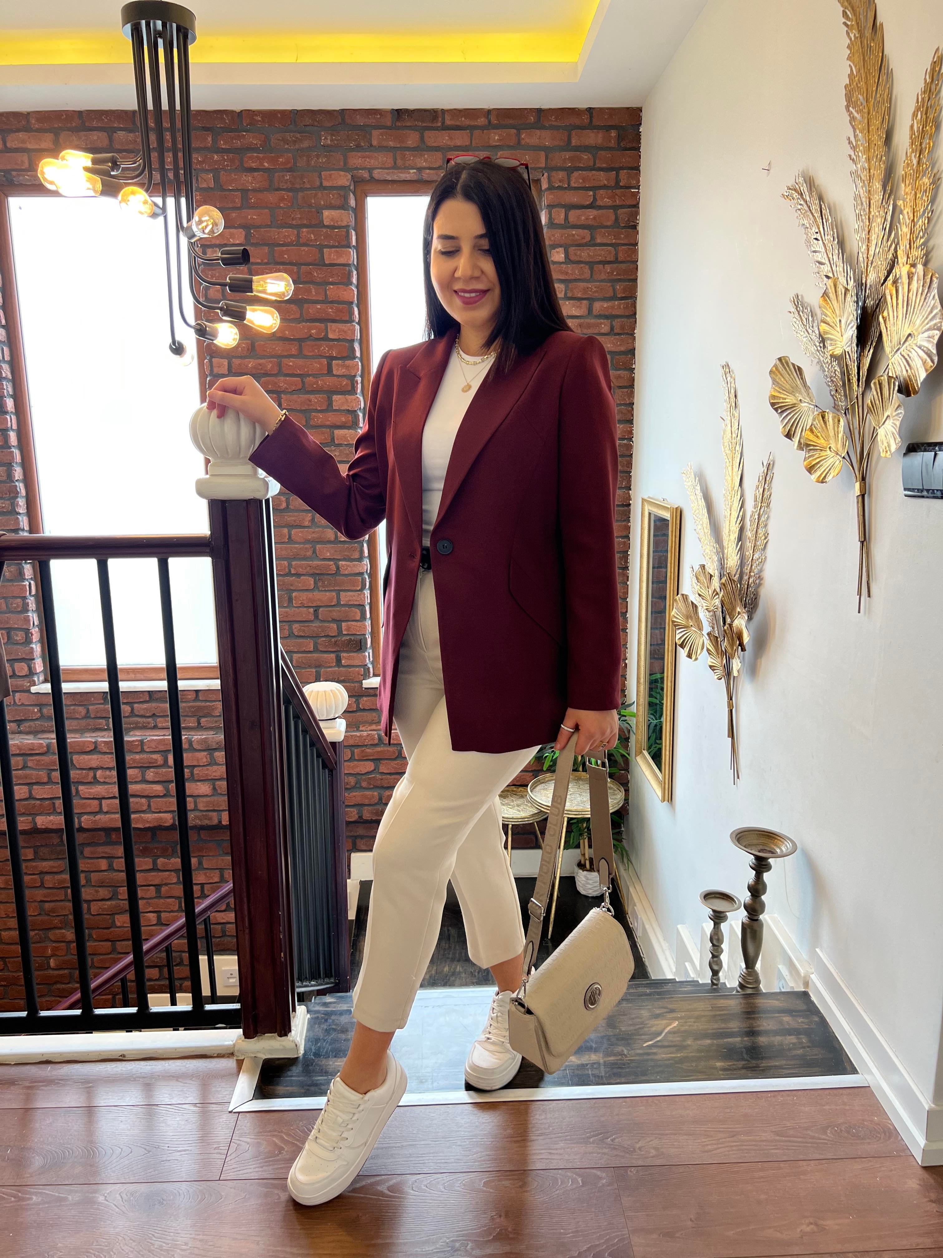 Tek Düğme Blazer Ceket Bordo