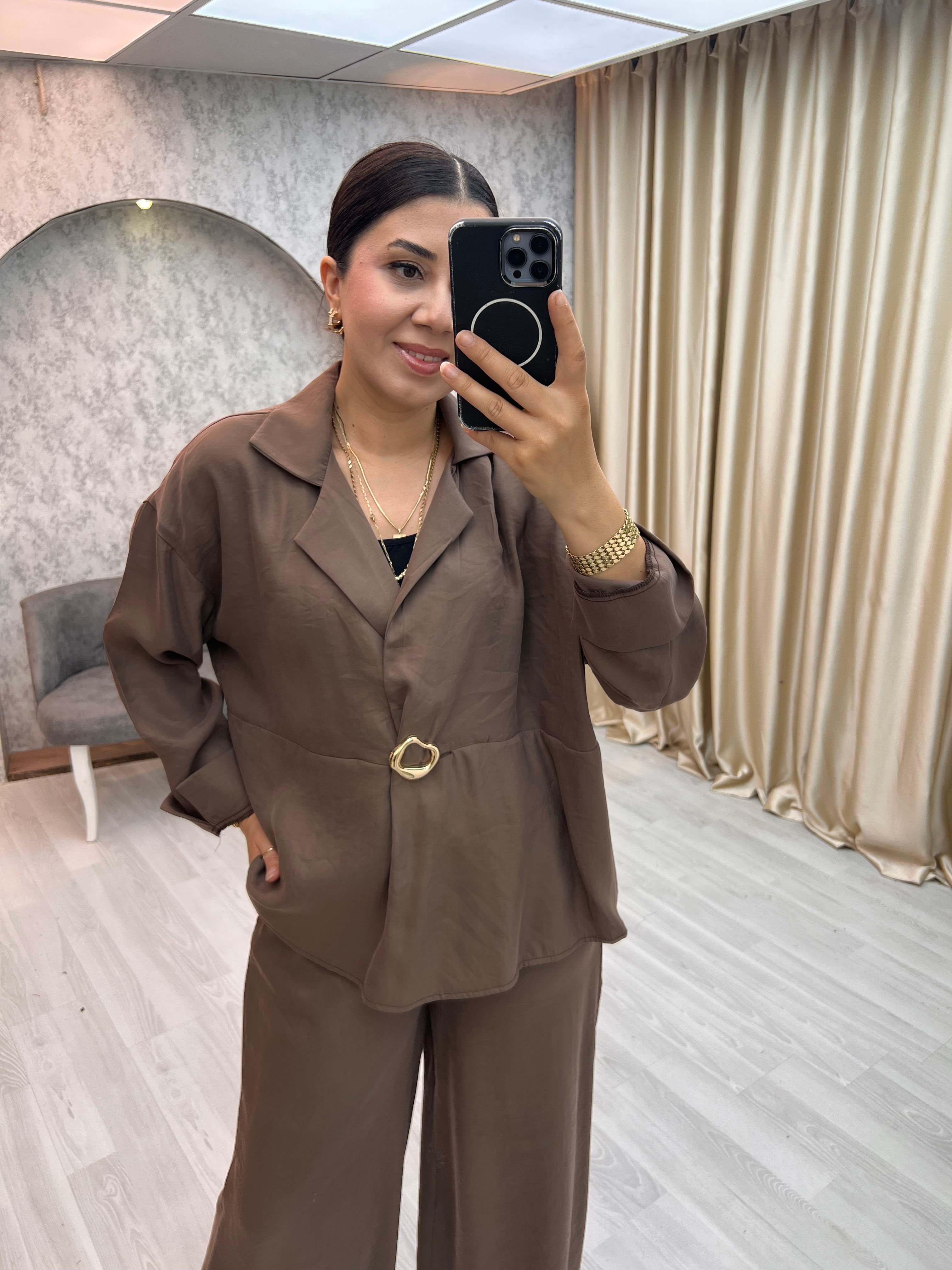 Tensel Tokalı Bluz Takım Kahverengi
