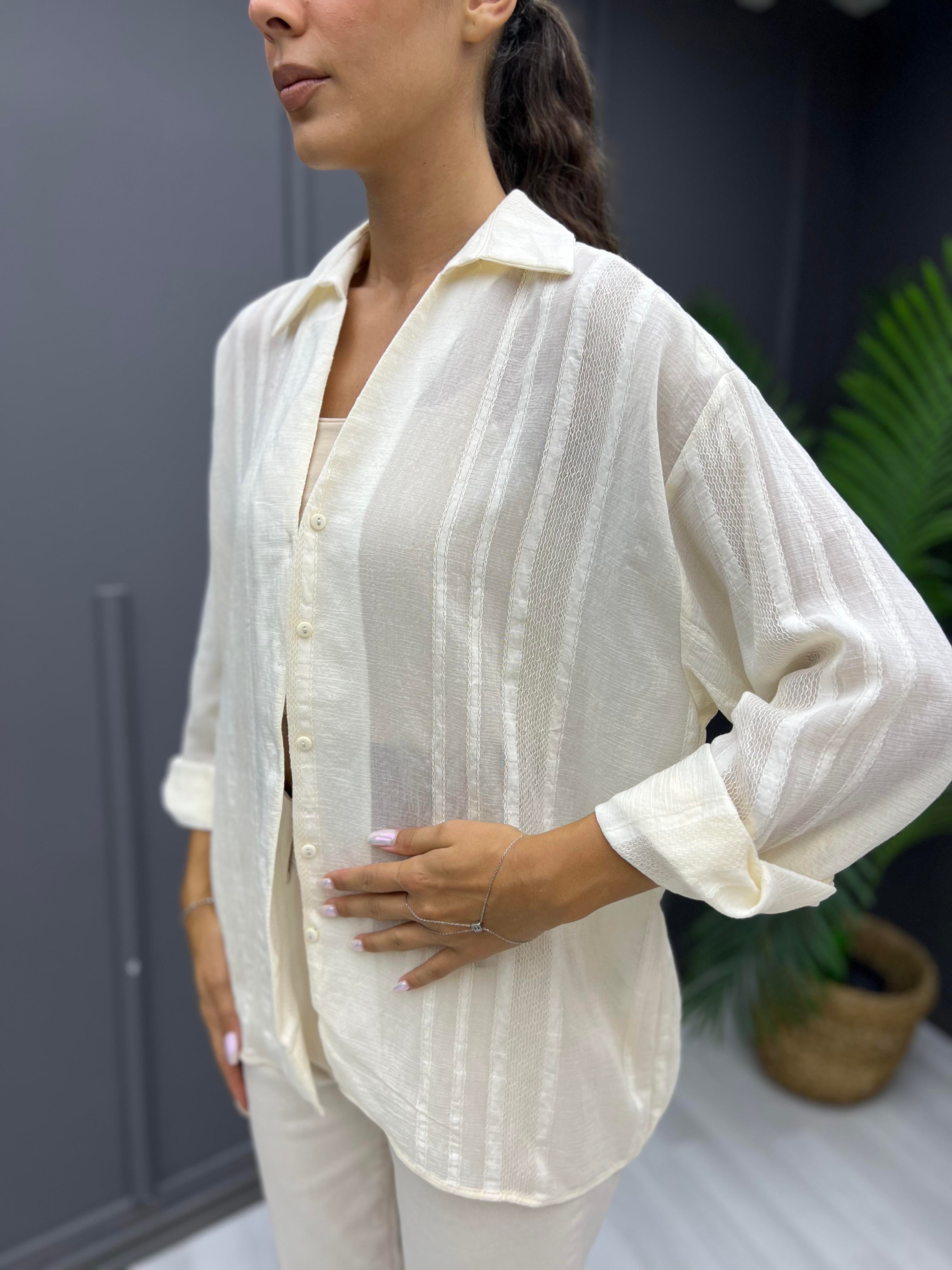Transparan Oversize Gömlek Krem