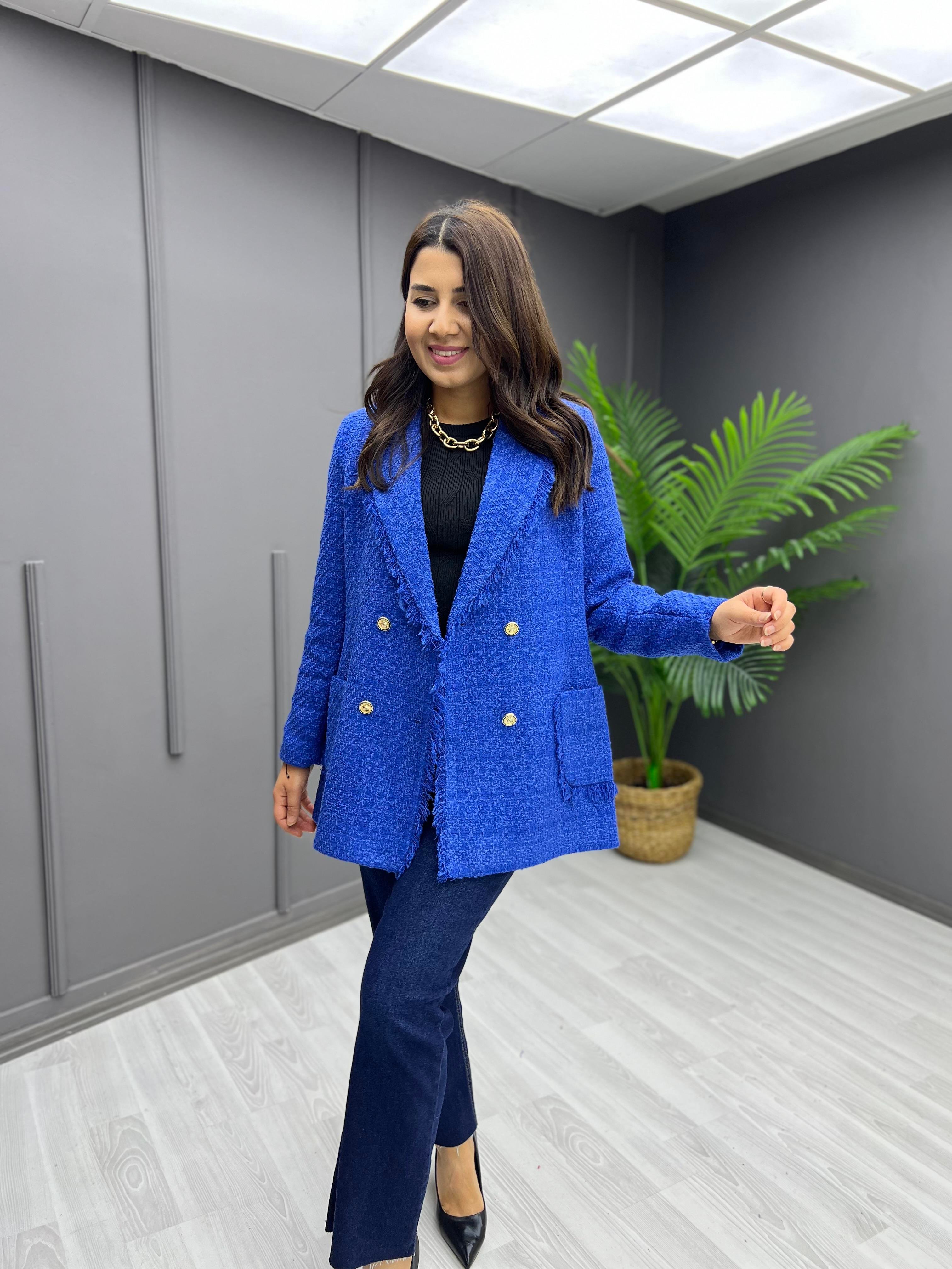 Tüvit Püsküllü Ceket Saks