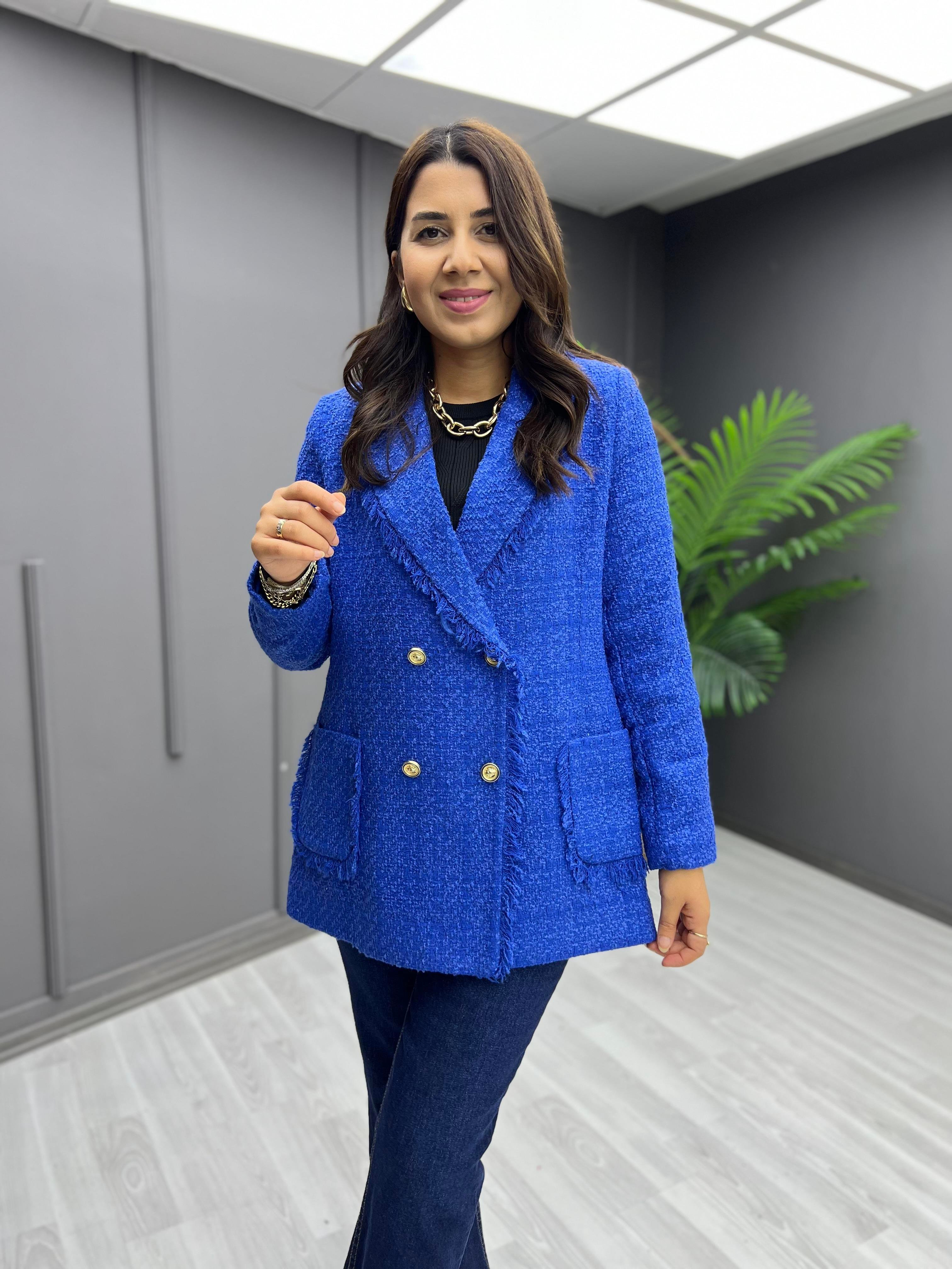 Tüvit Püsküllü Ceket Saks