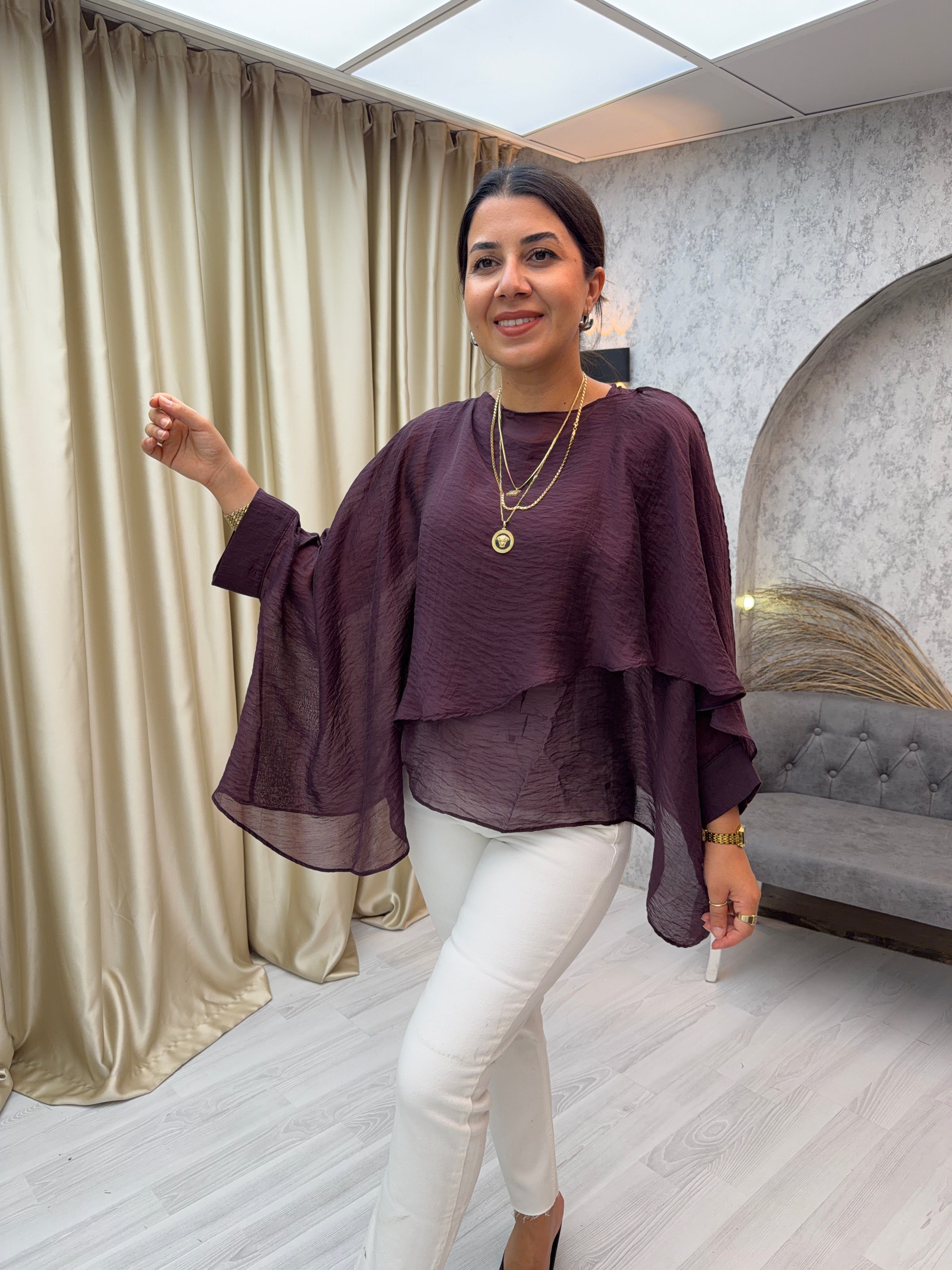 Uçuşan Pelerin Bluz Mürdüm