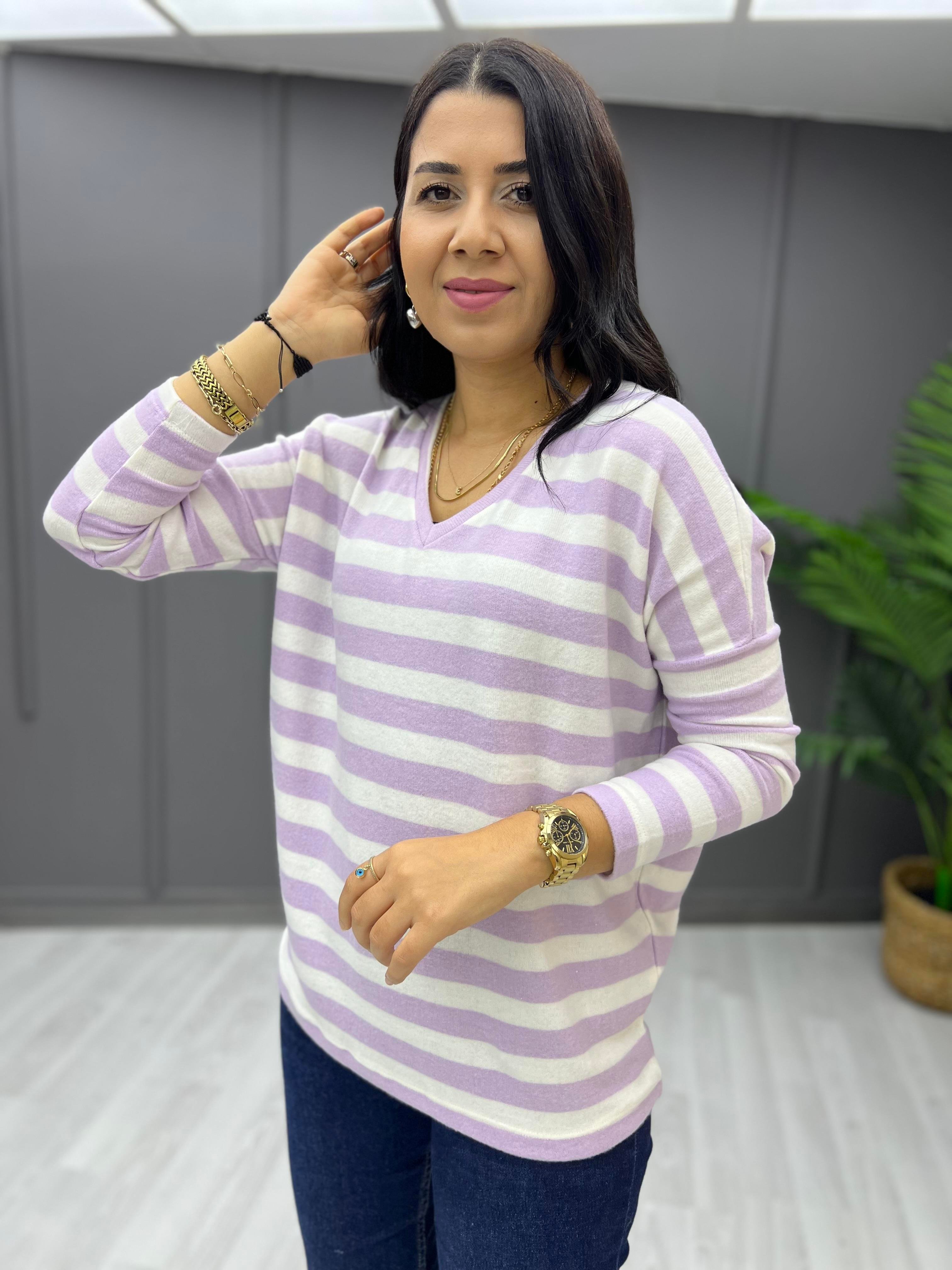 V Yaka Basic Çizgili Yumoş Sweat Lila
