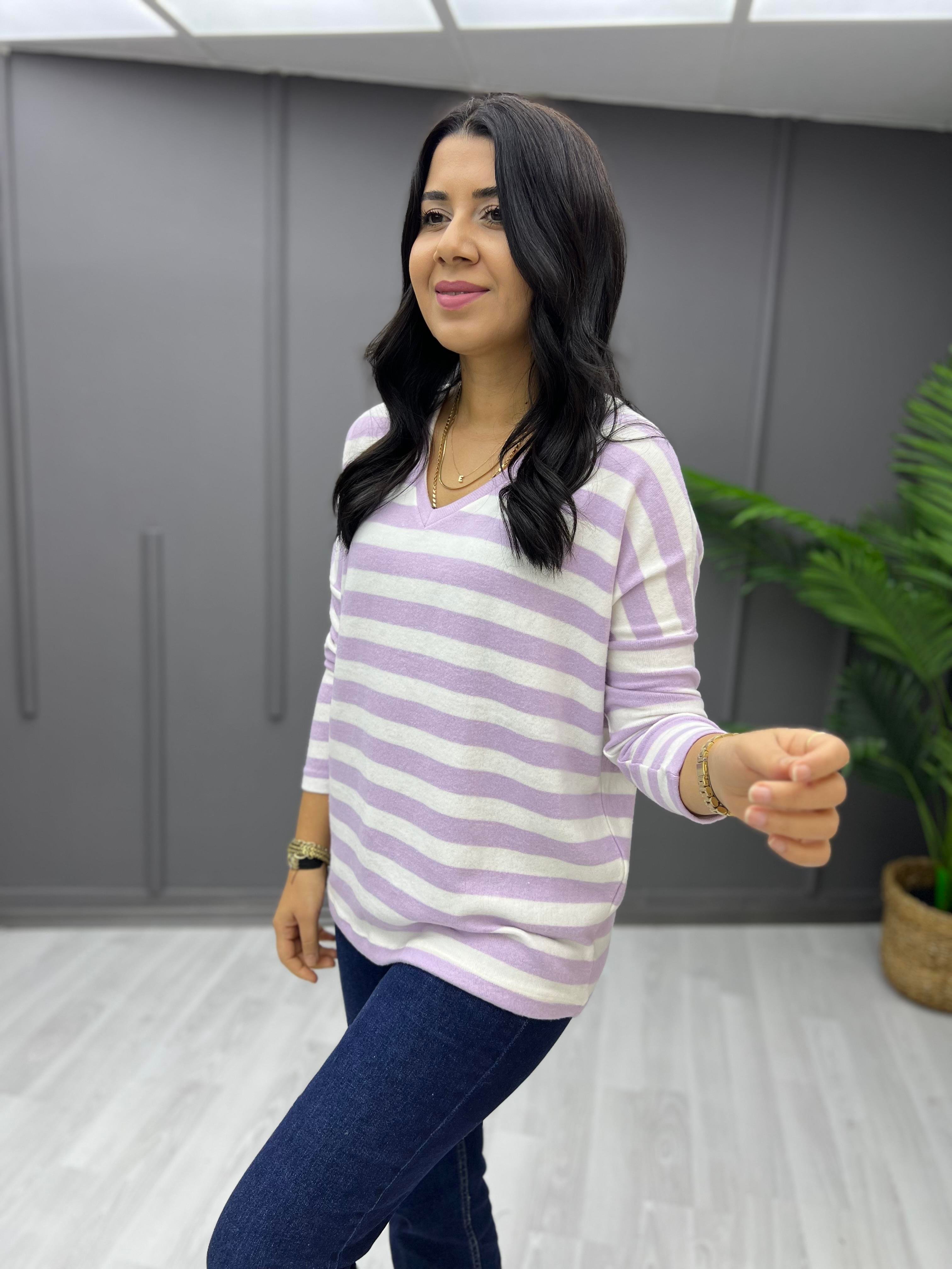 V Yaka Basic Çizgili Yumoş Sweat Lila