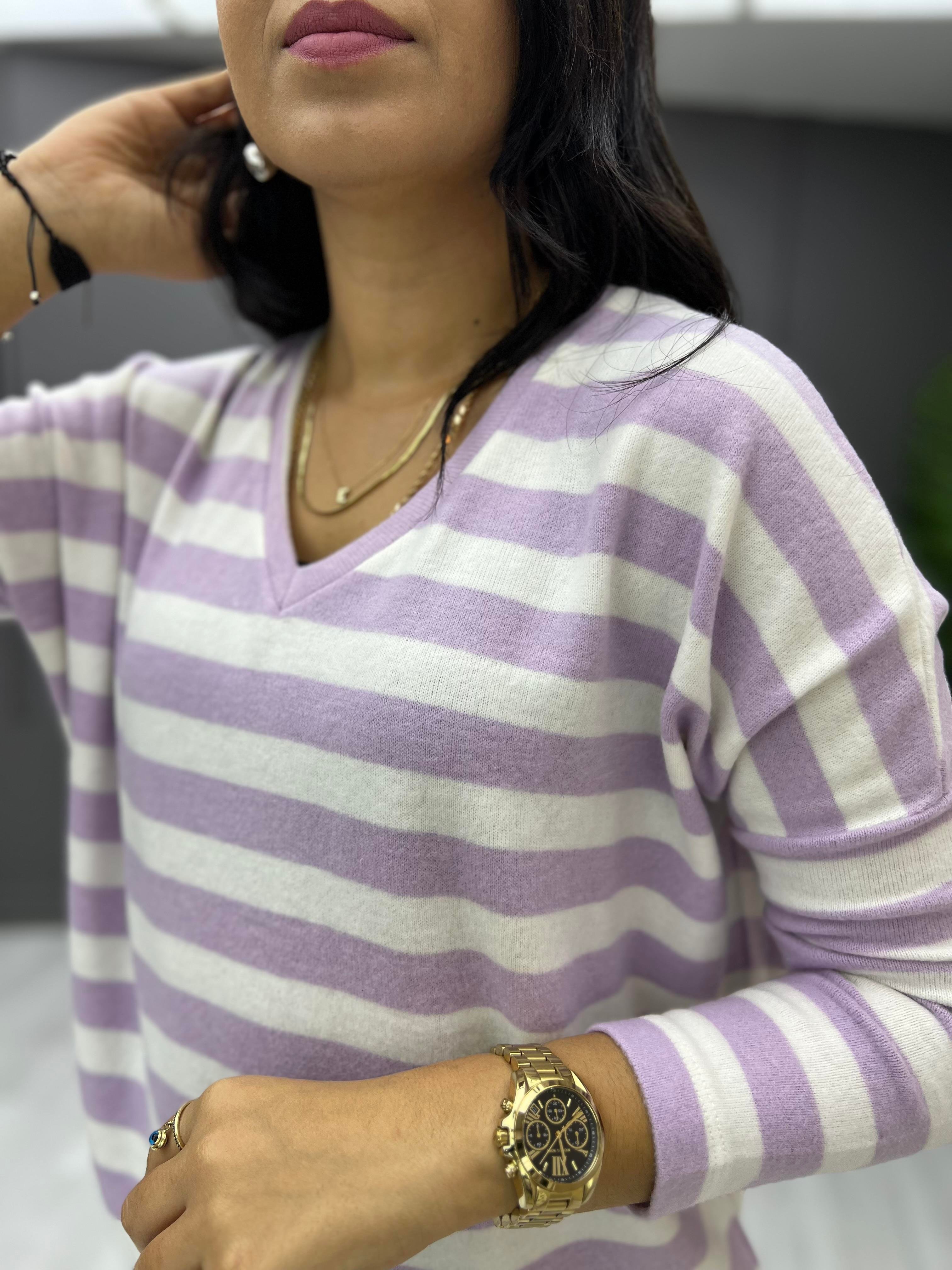 V Yaka Basic Çizgili Yumoş Sweat Lila