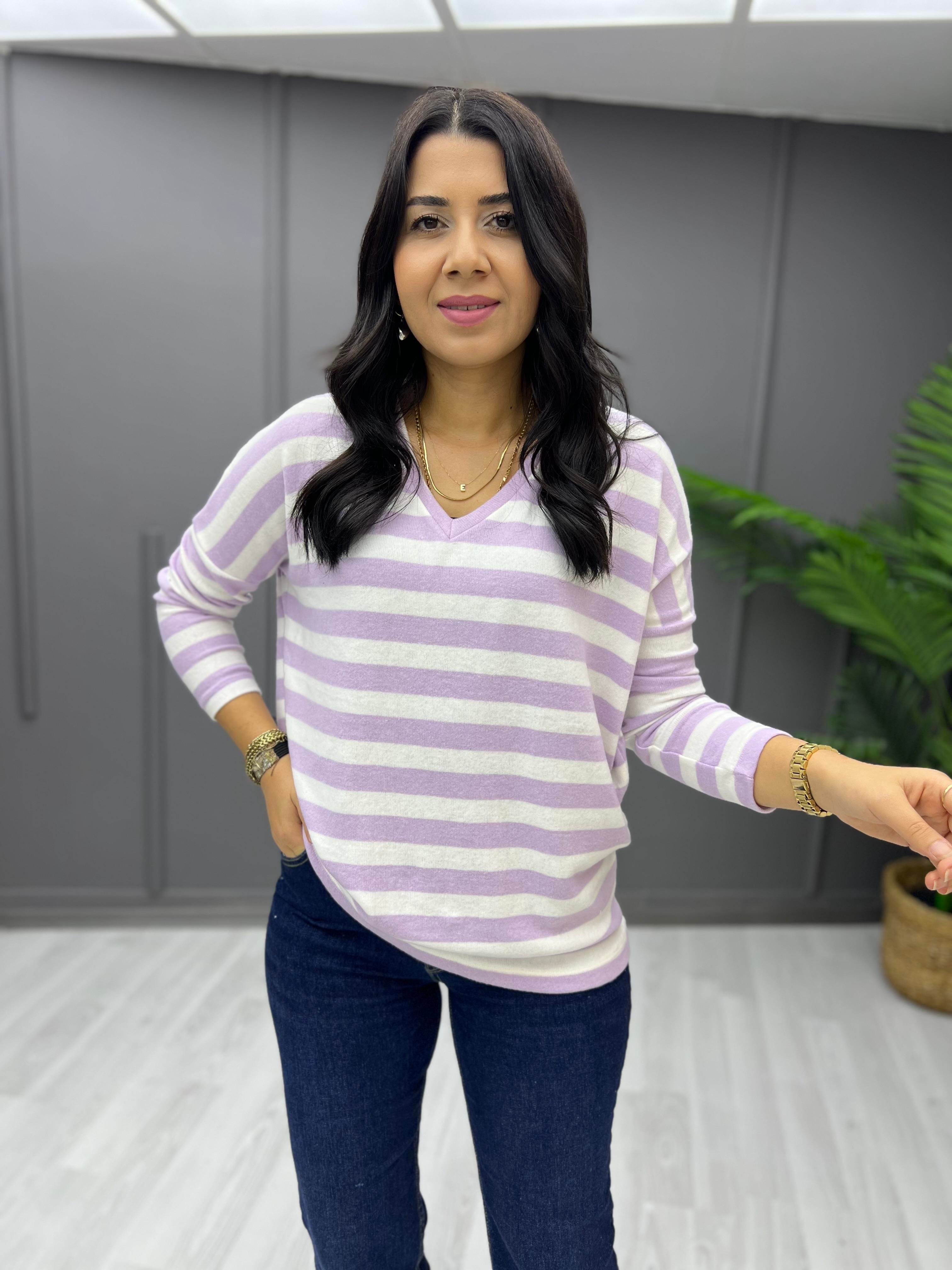 V Yaka Basic Çizgili Yumoş Sweat Lila