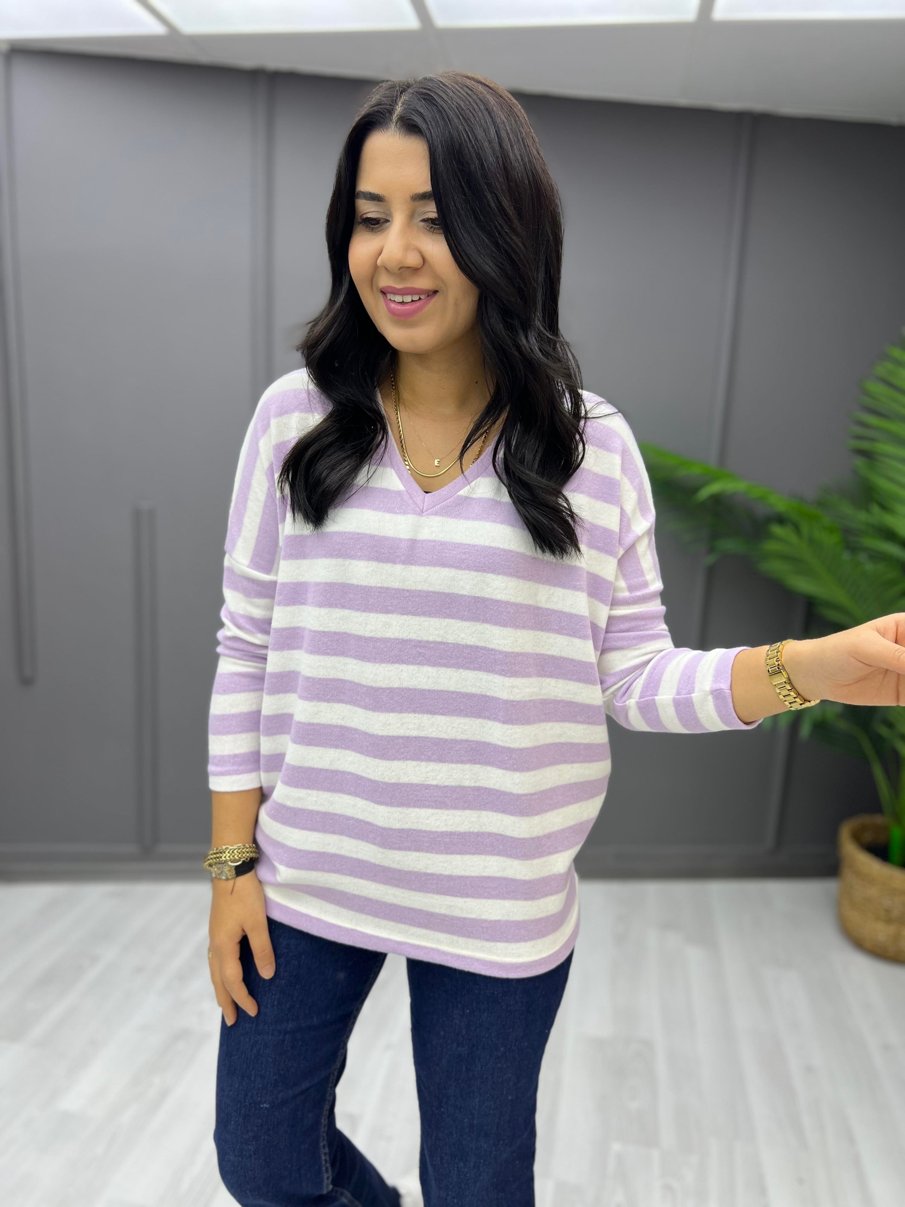V Yaka Basic Çizgili Yumoş Sweat Lila