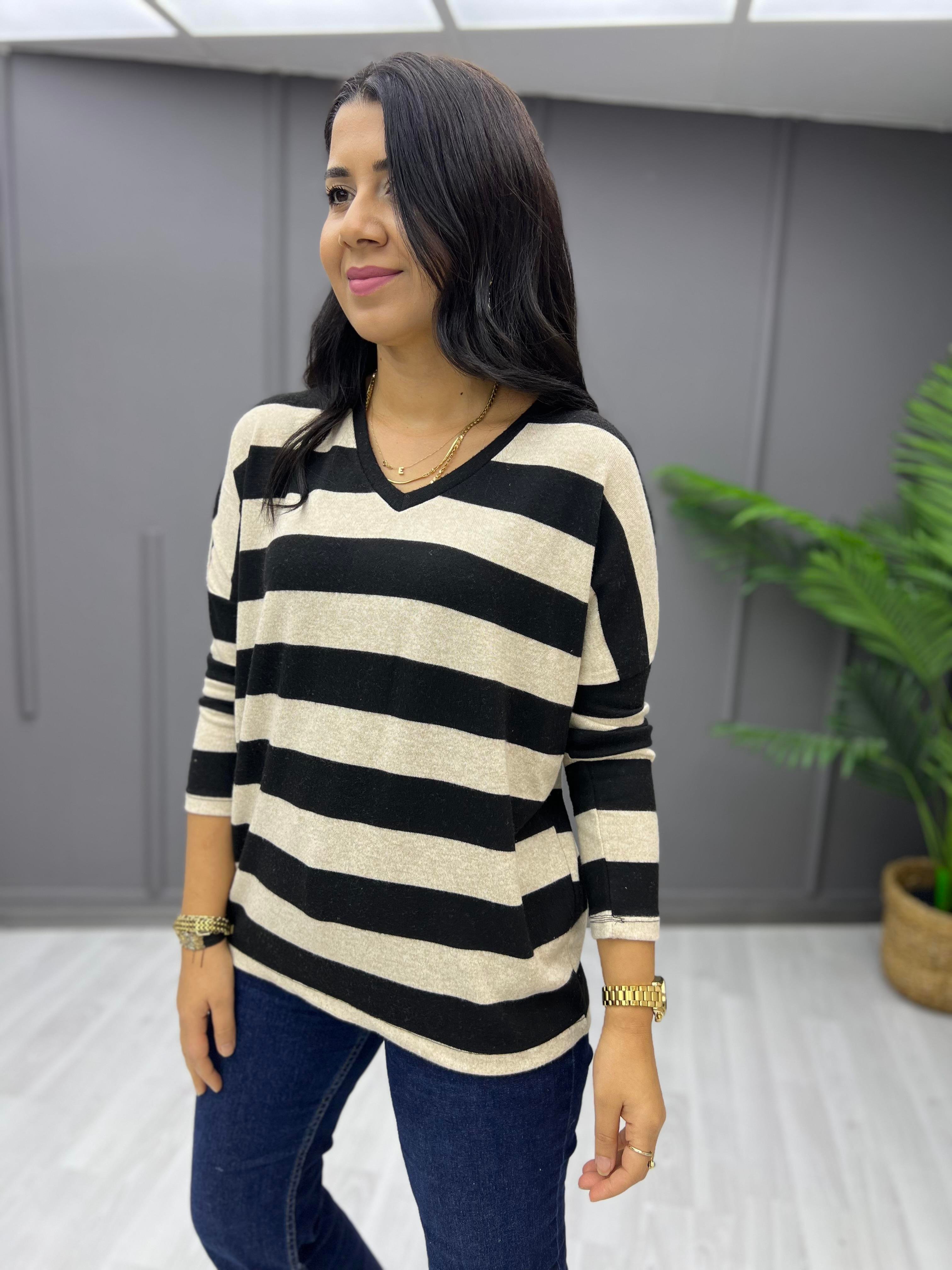 V Yaka Basic Çizgili Yumoş Sweat Siyah