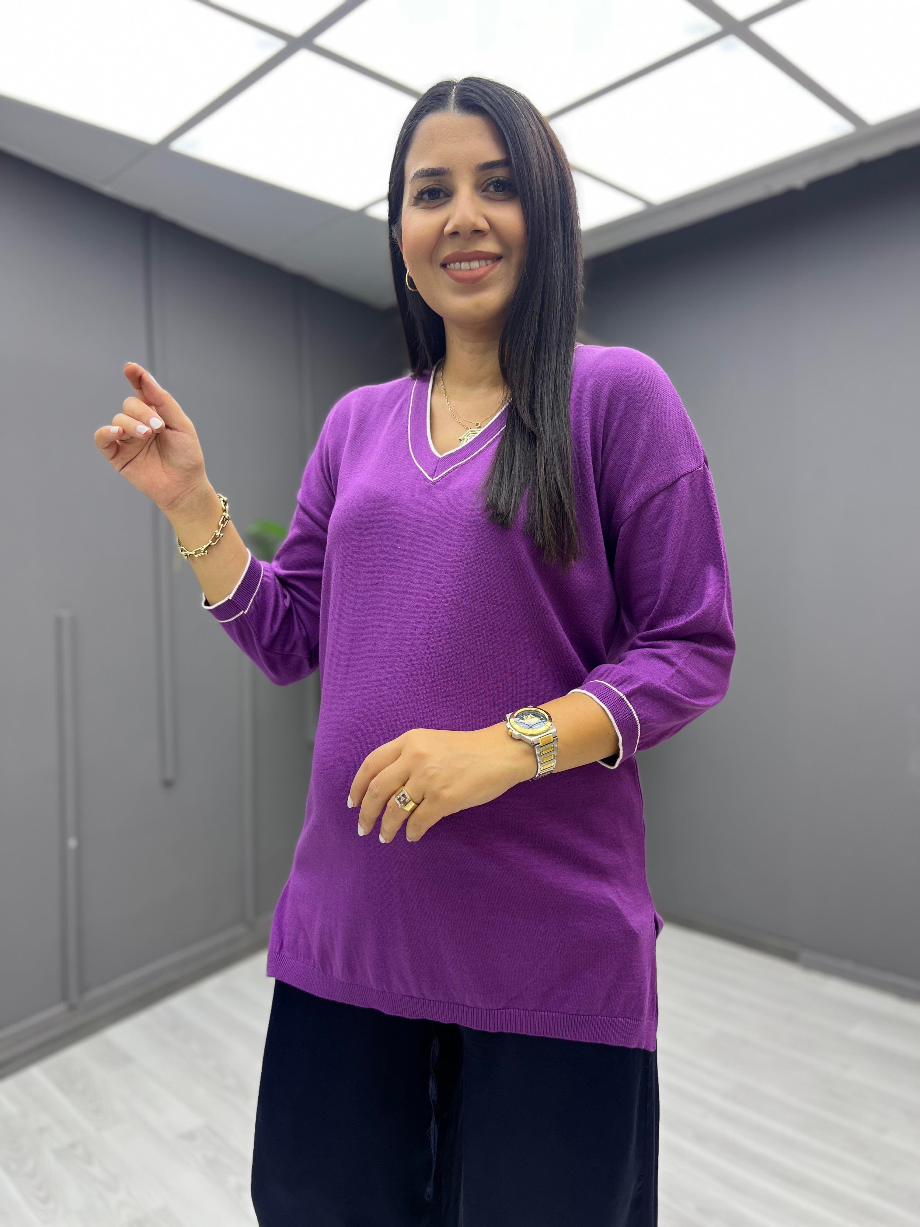 V Yaka Biyeli Pamuk Triko Bluz Mürdüm
