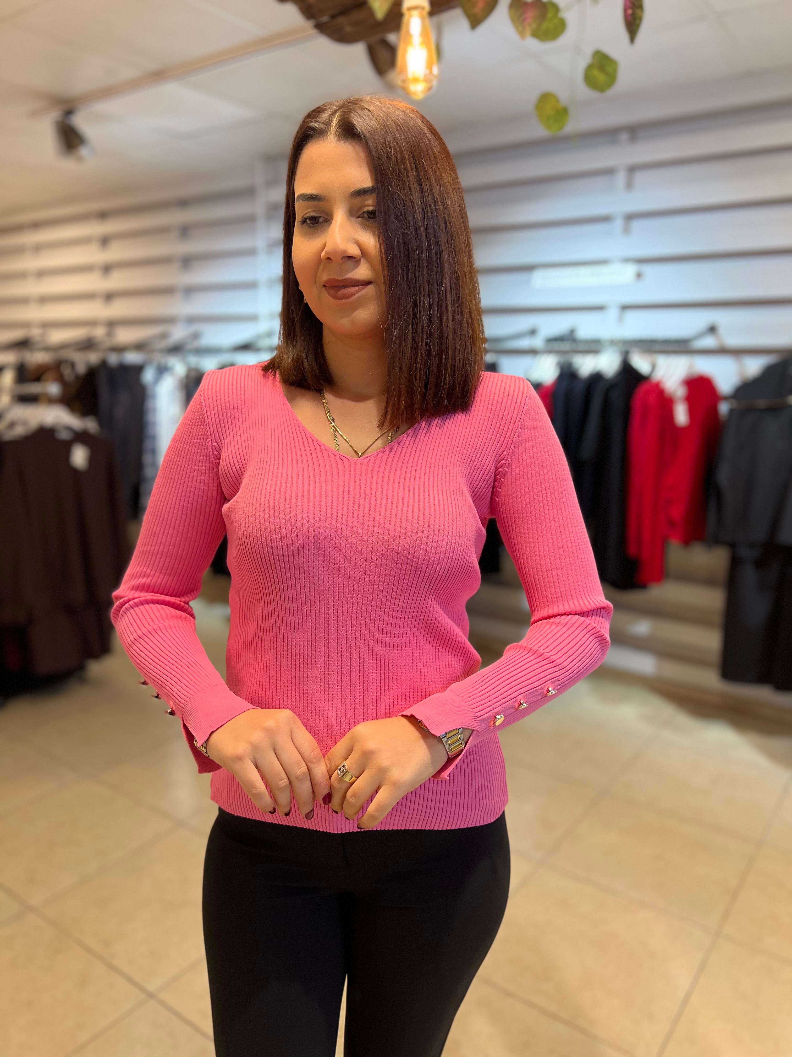 V Yaka Gold Düğmeli Triko Bluz Pembe