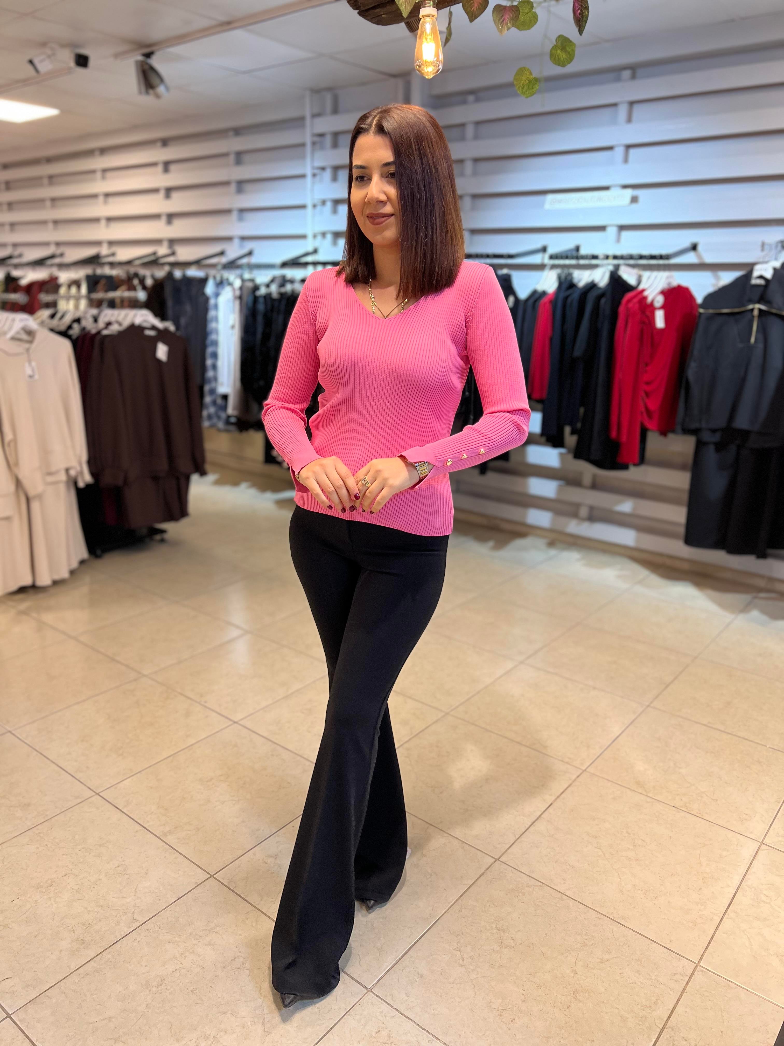 V Yaka Gold Düğmeli Triko Bluz Pembe