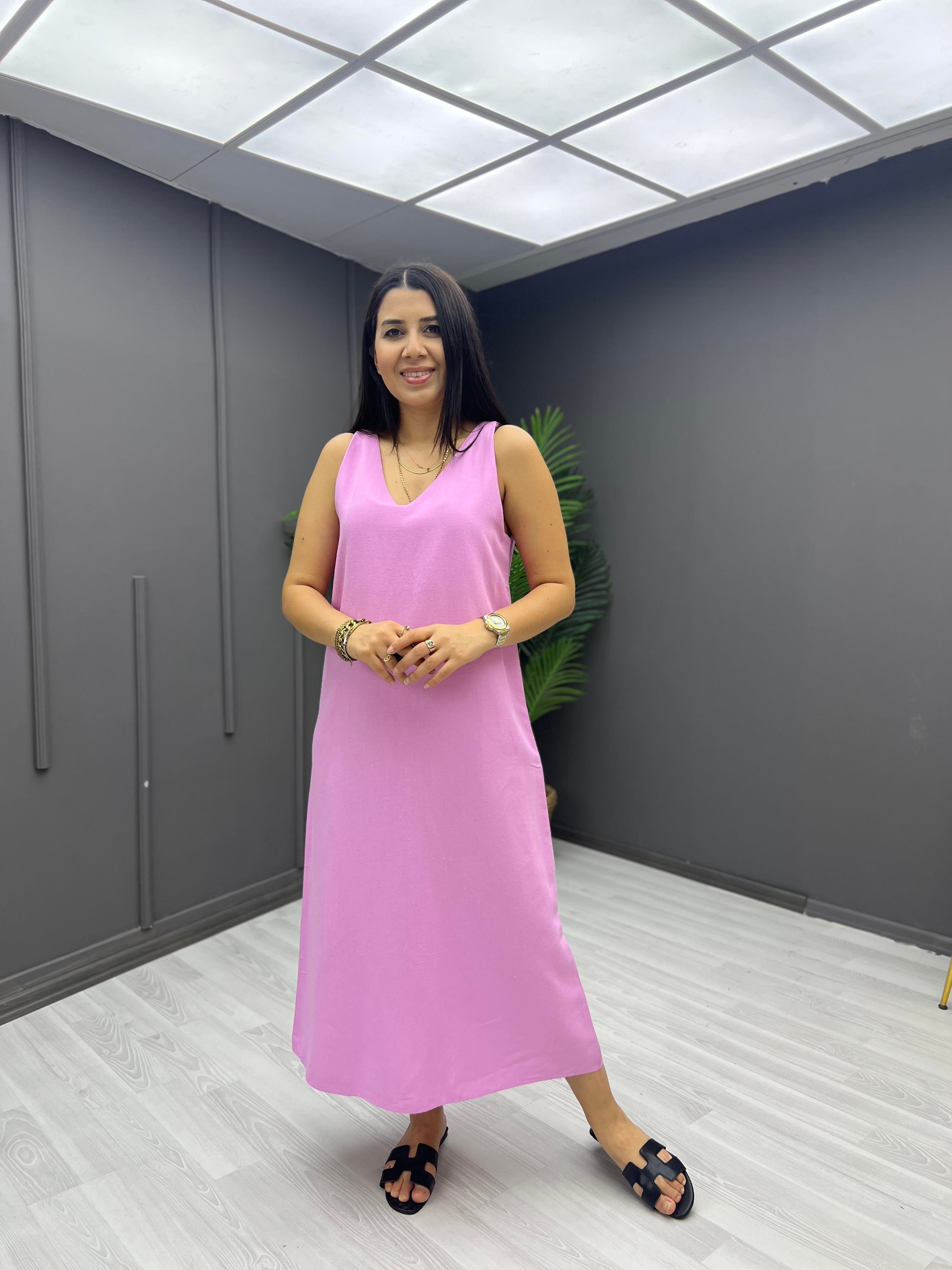 V Yaka Keten Elbise Pembe