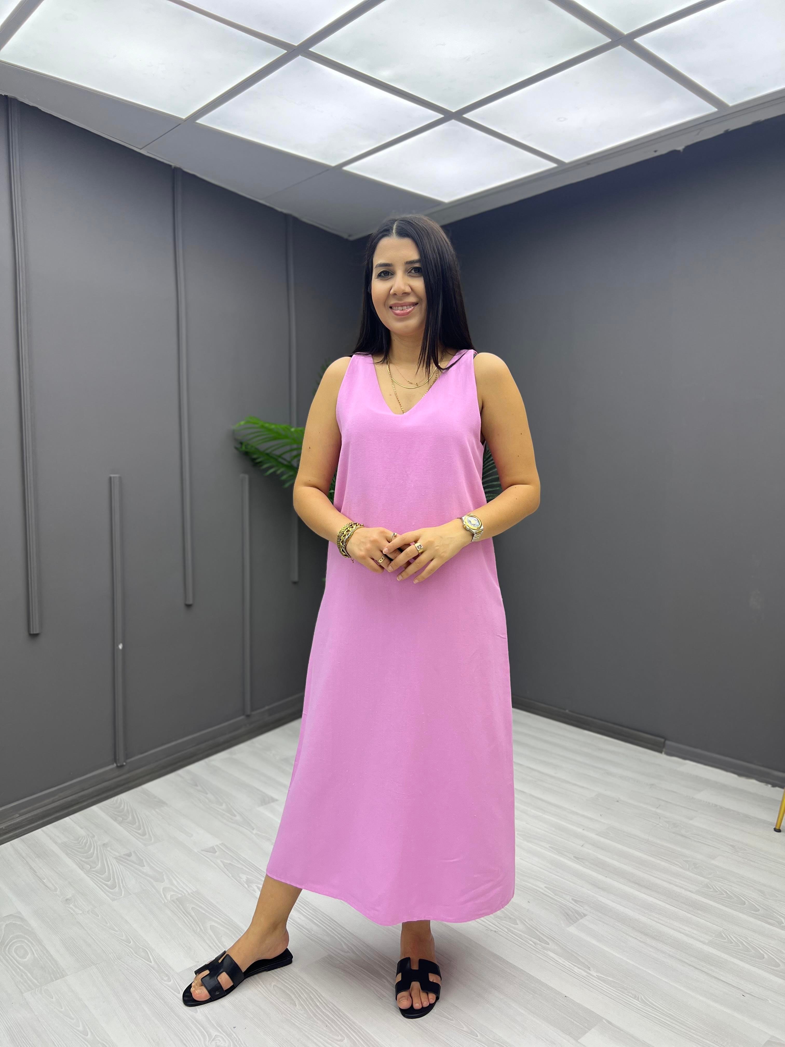 V Yaka Keten Elbise Pembe