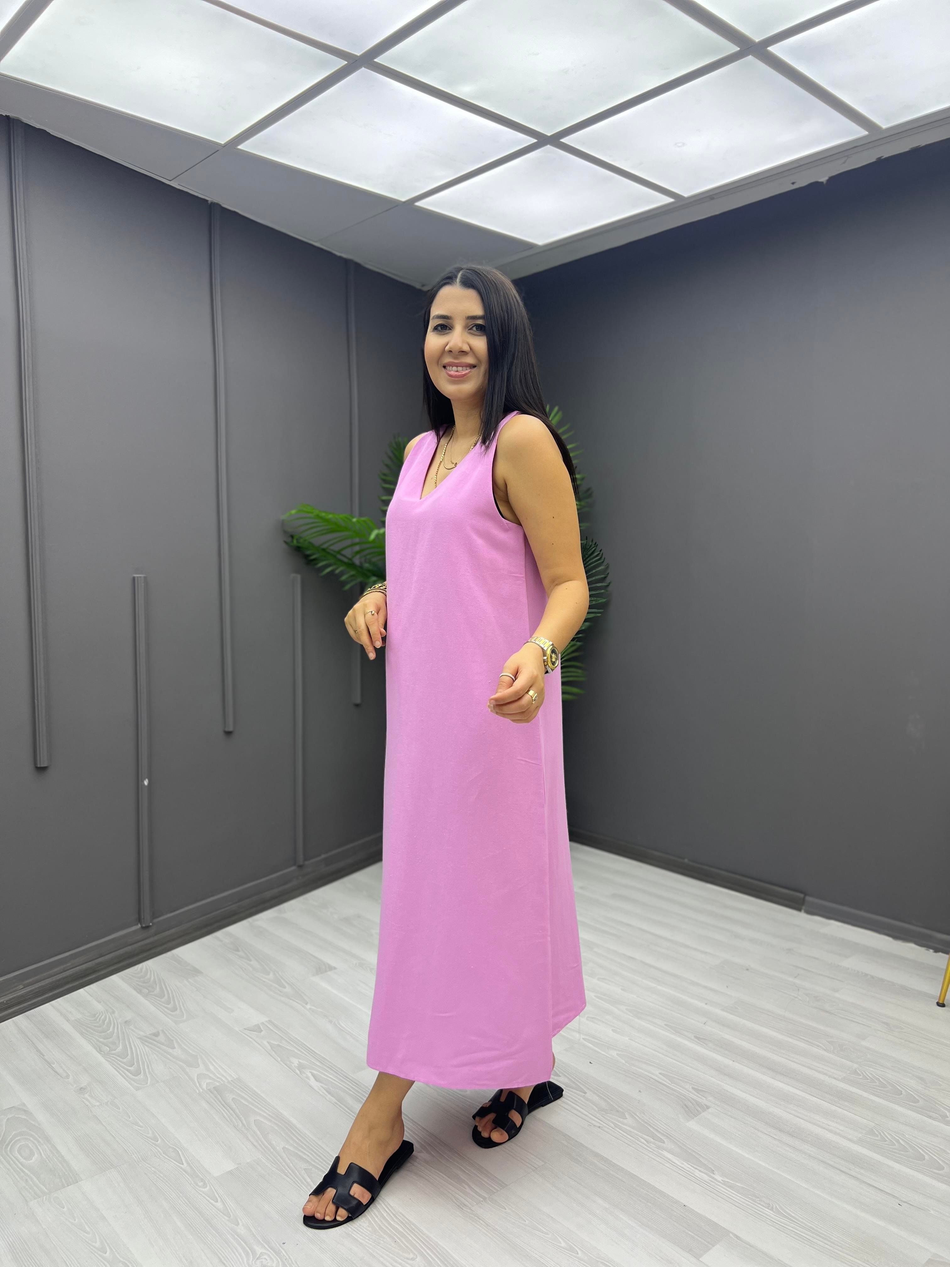 V Yaka Keten Elbise Pembe