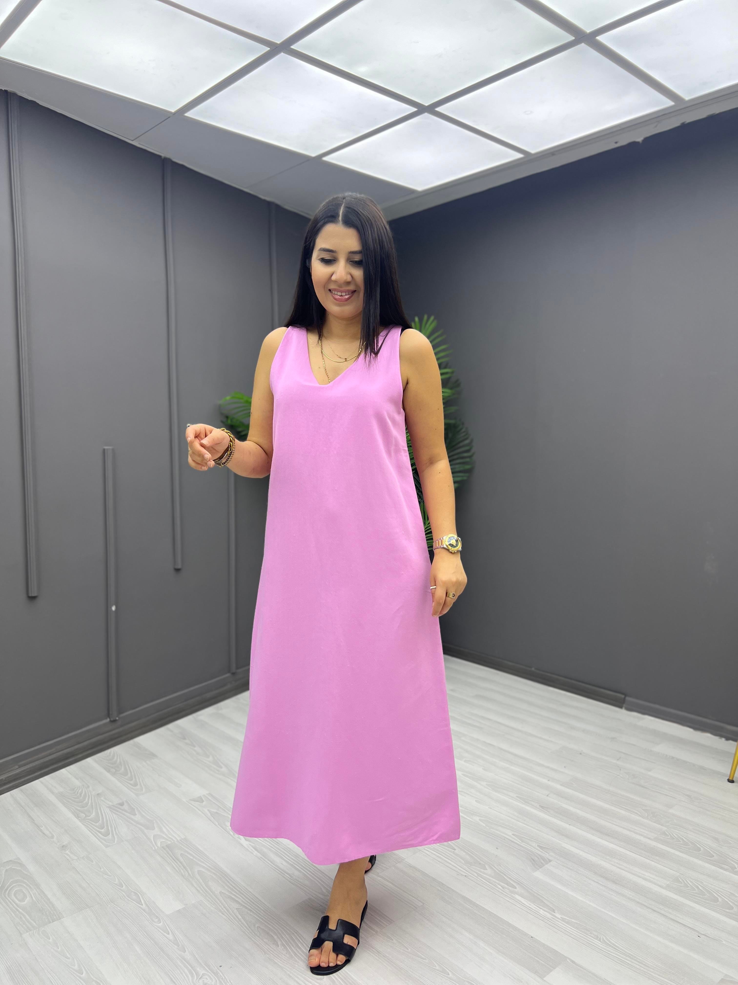 V Yaka Keten Elbise Pembe