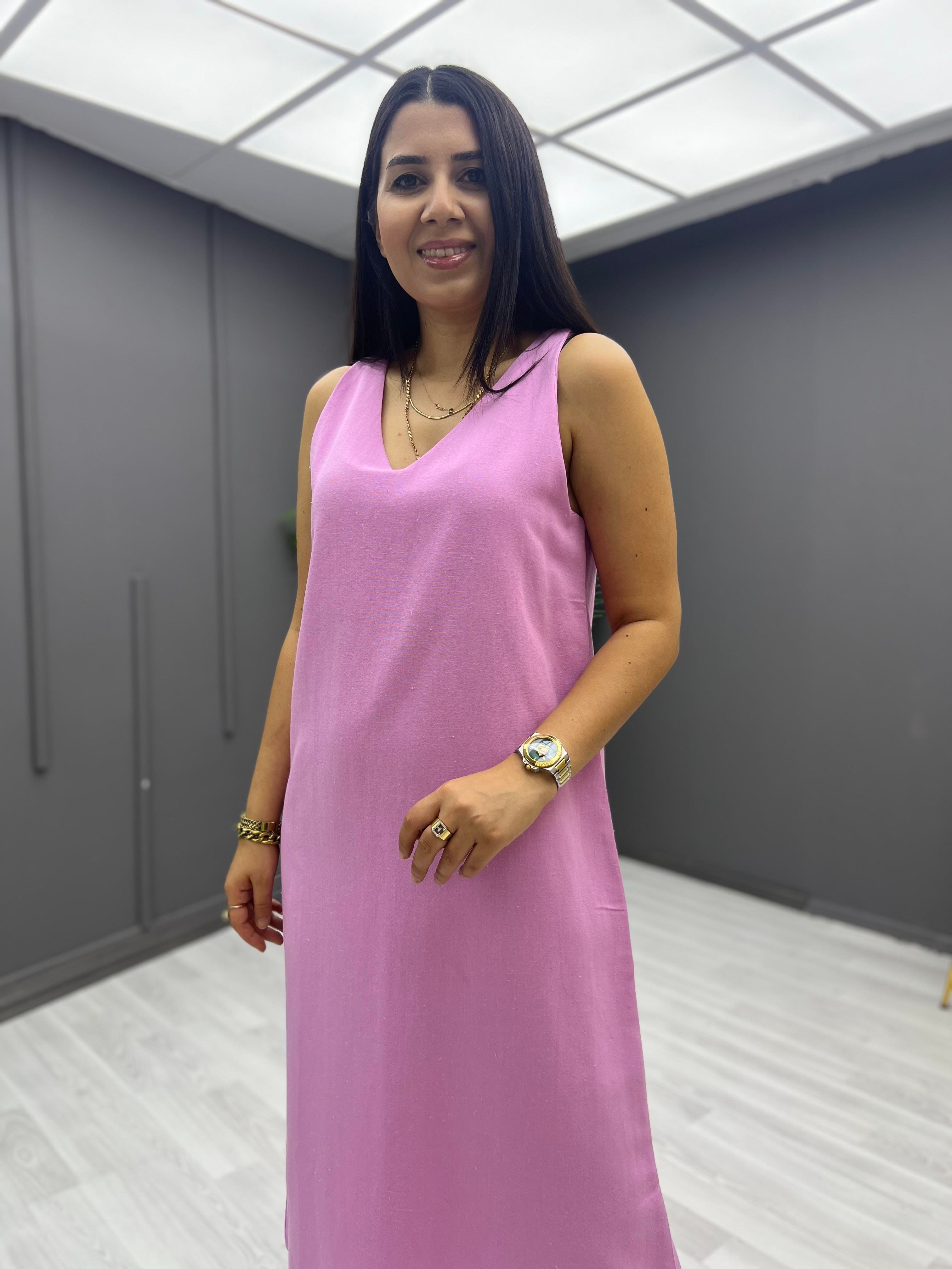 V Yaka Keten Elbise Pembe