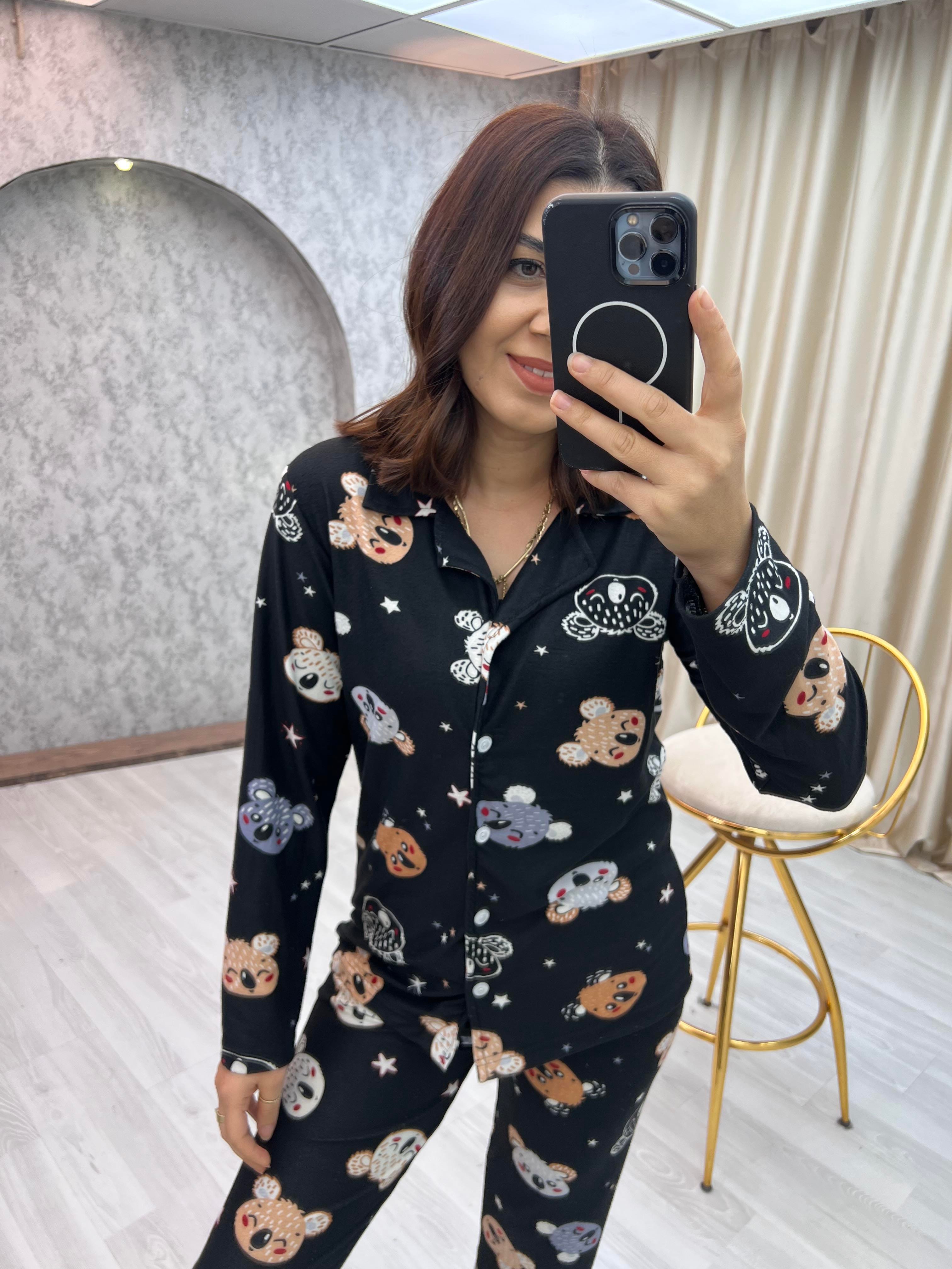 Yakalı Koala Pijama Takımı Siyah