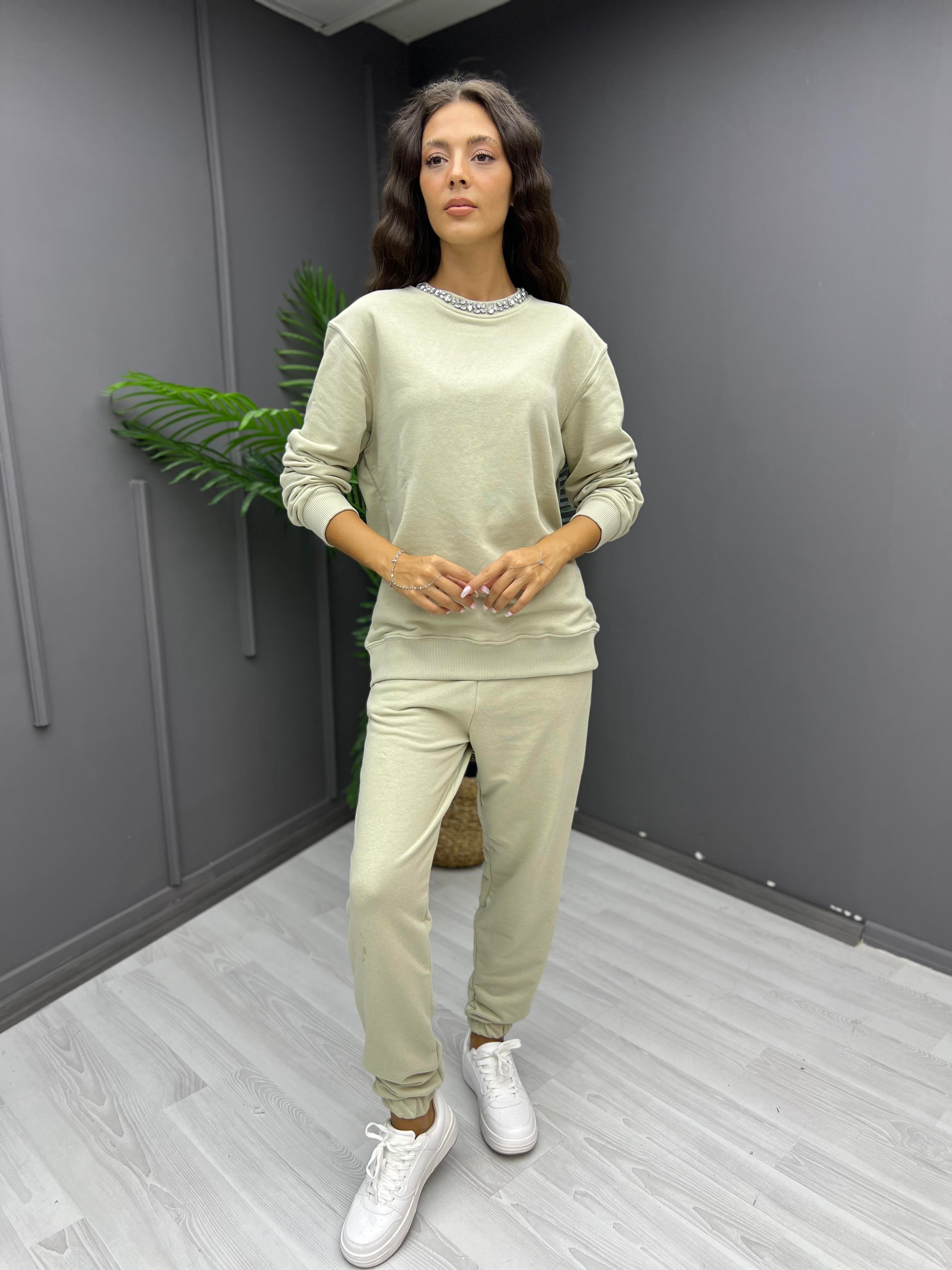 Yakası Taş İşleme Sweat Küfyeşili