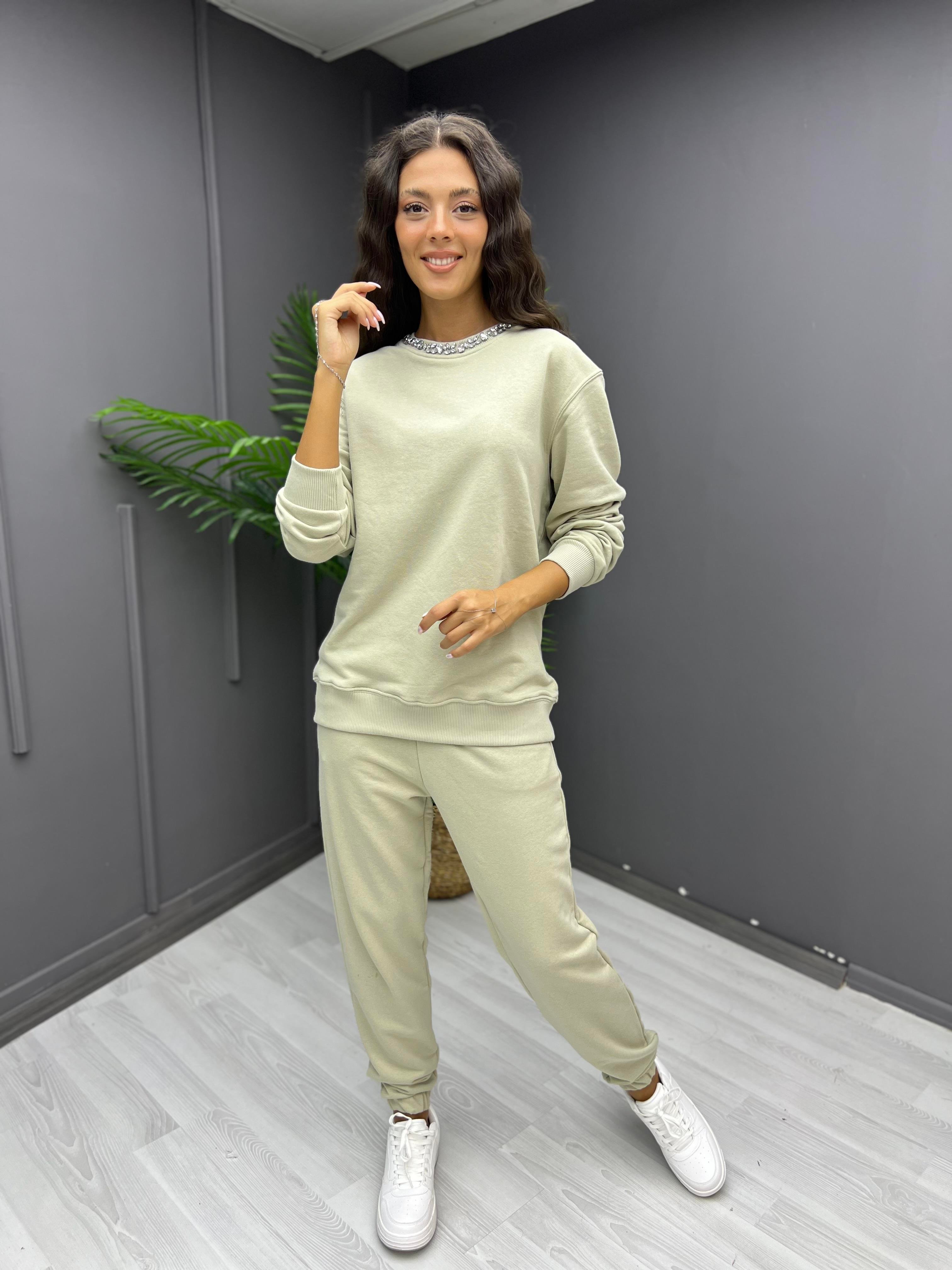 Yakası Taş İşleme Sweat Küfyeşili