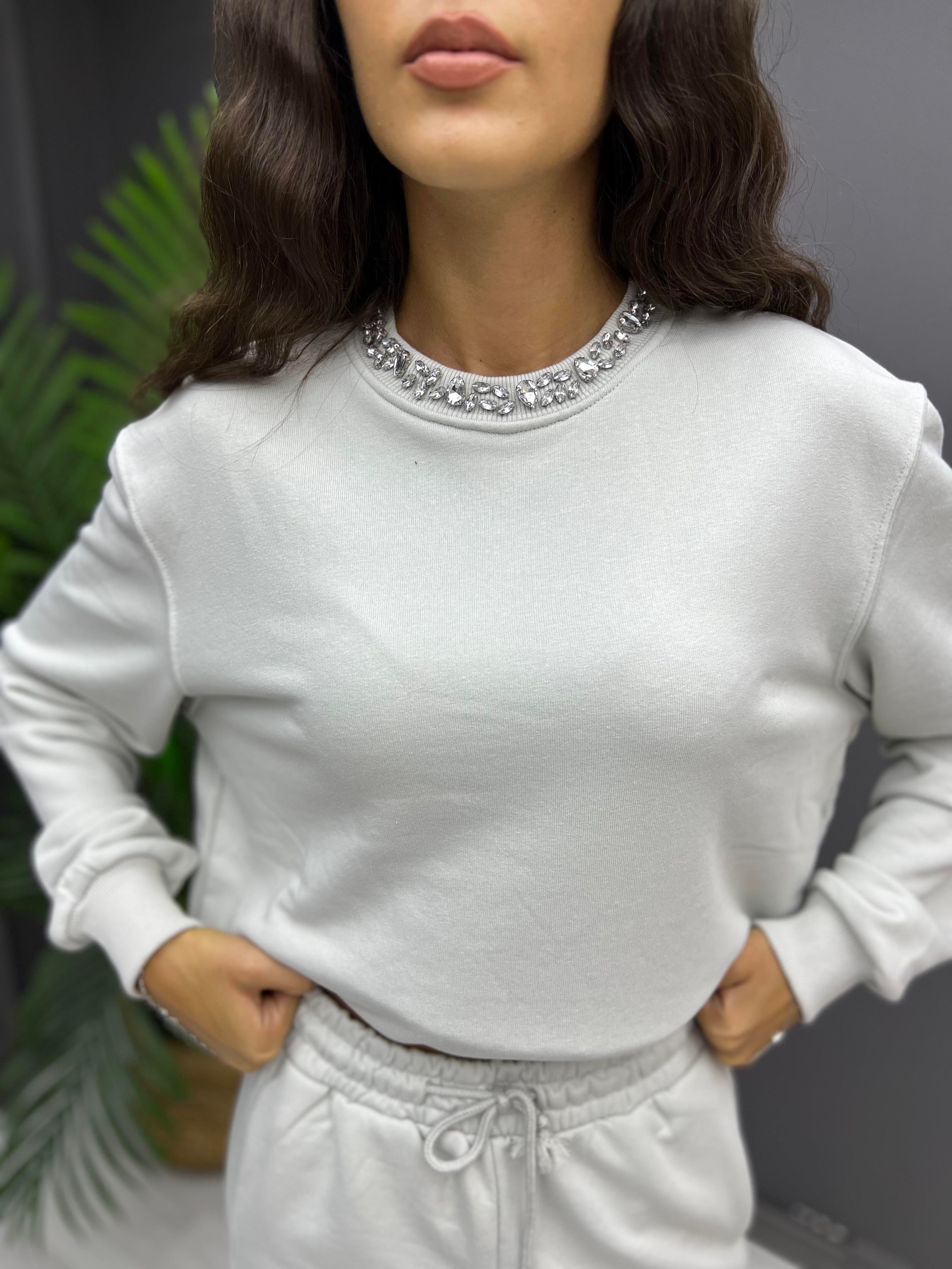 Yakası Taş İşleme Sweat Taş