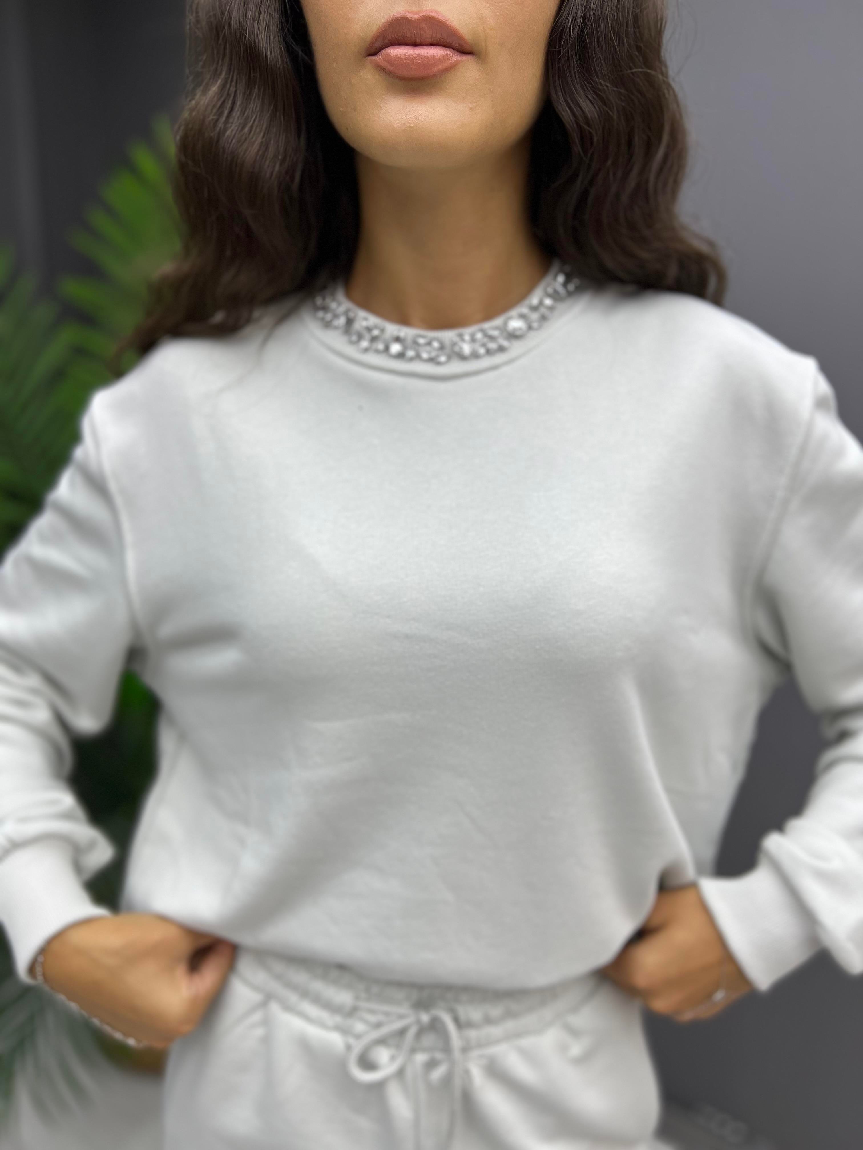 Yakası Taş İşleme Sweat Taş