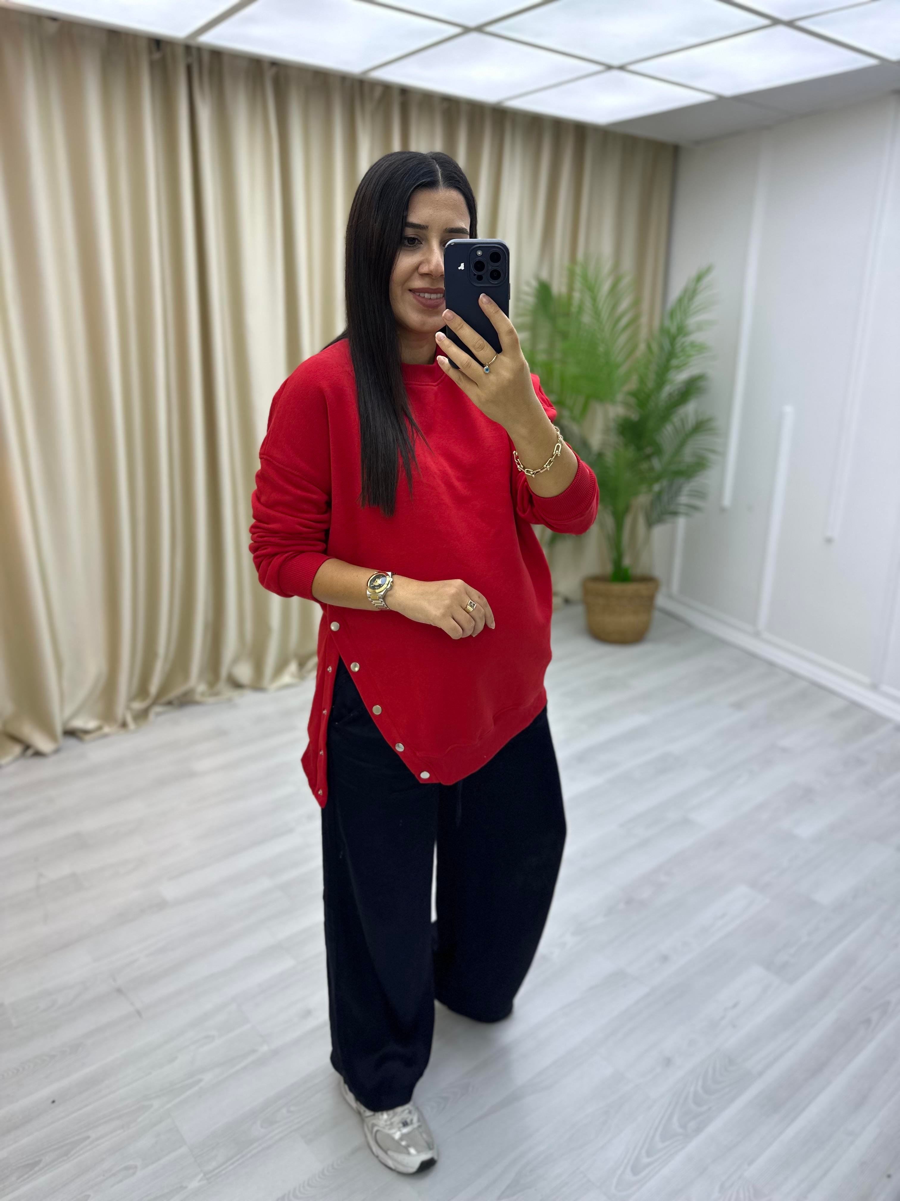 Yanlar Zımbalı Şardonlu Sweat Kırmızı