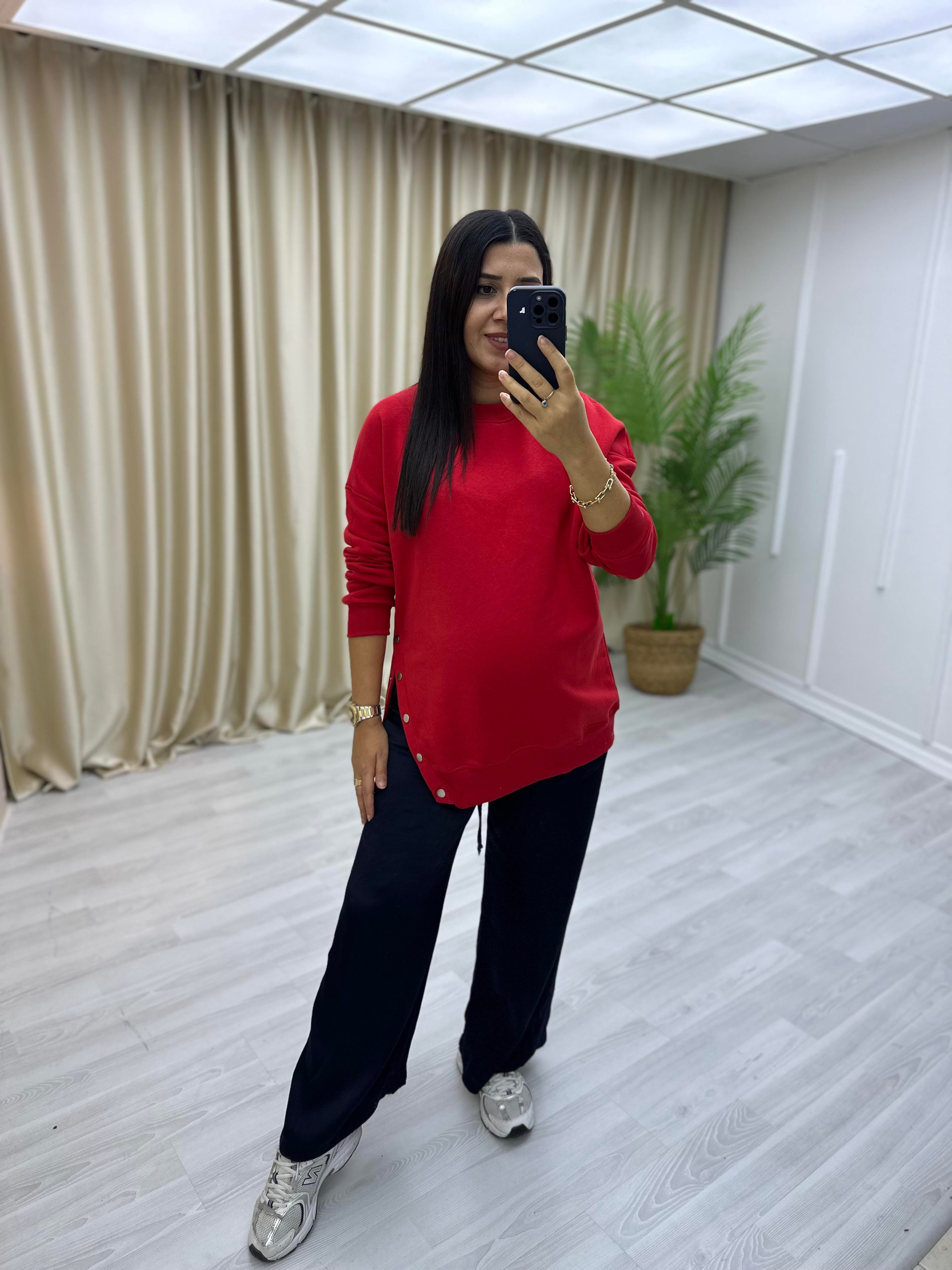Yanlar Zımbalı Şardonlu Sweat Kırmızı