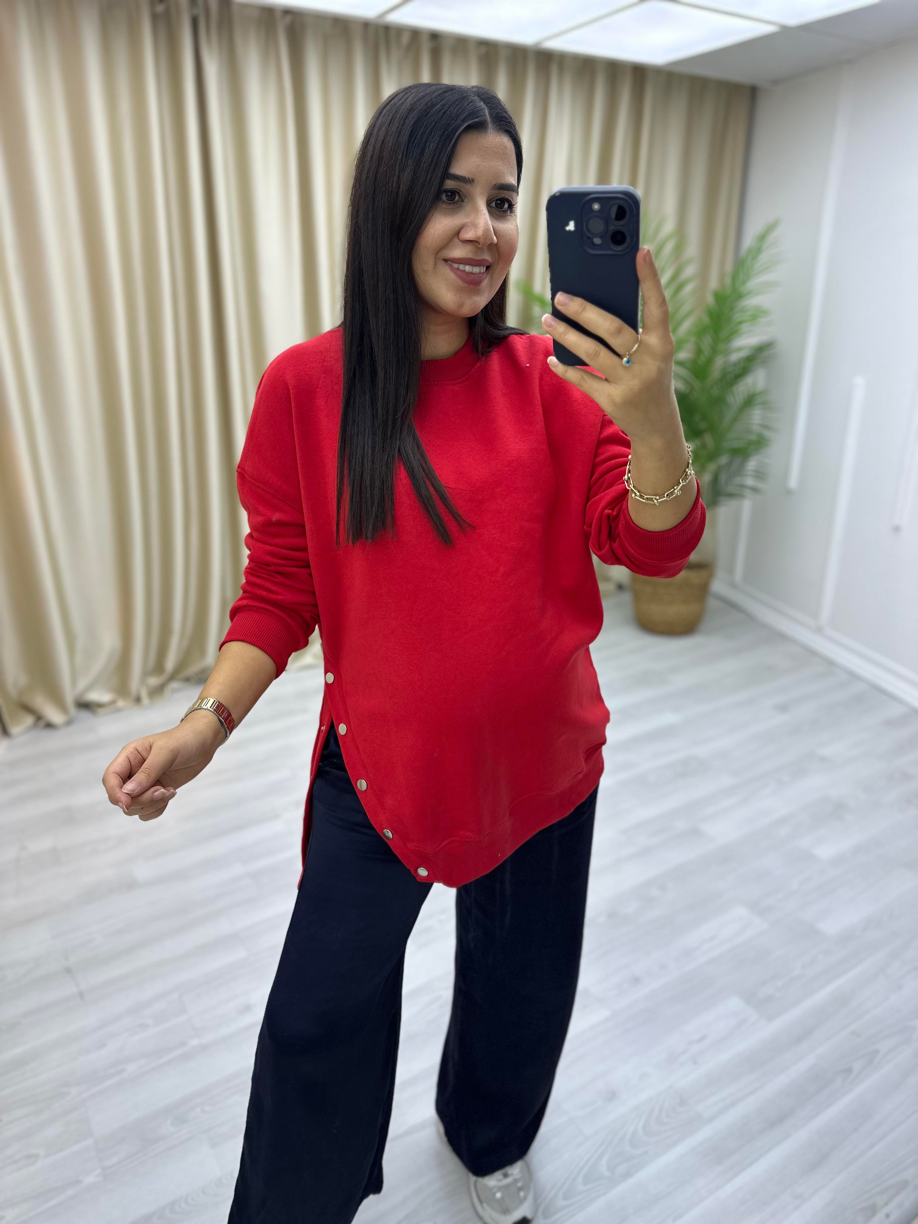 Yanlar Zımbalı Şardonlu Sweat Kırmızı