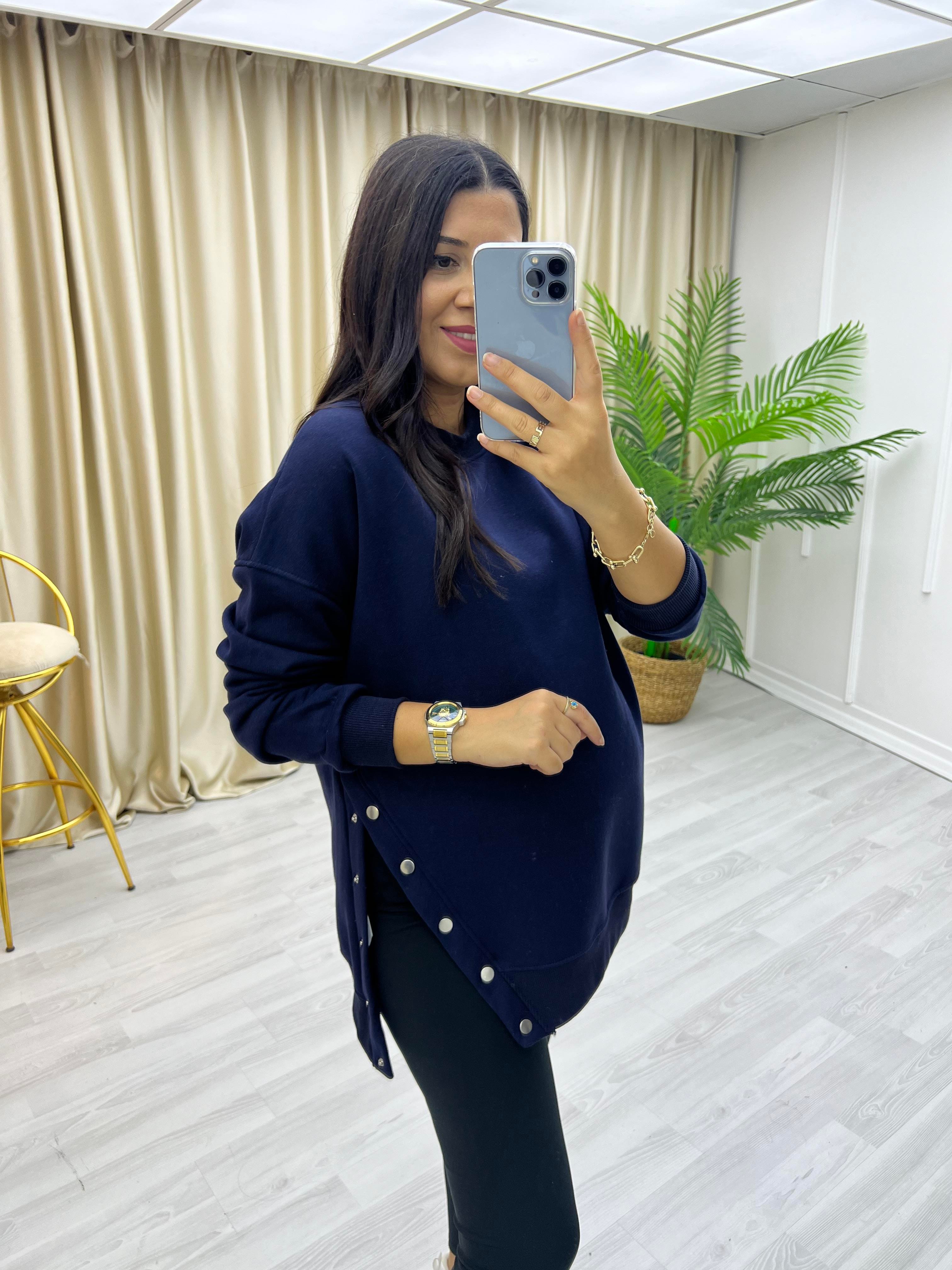 Yanlar Zımbalı Şardonlu Sweat Lacivert
