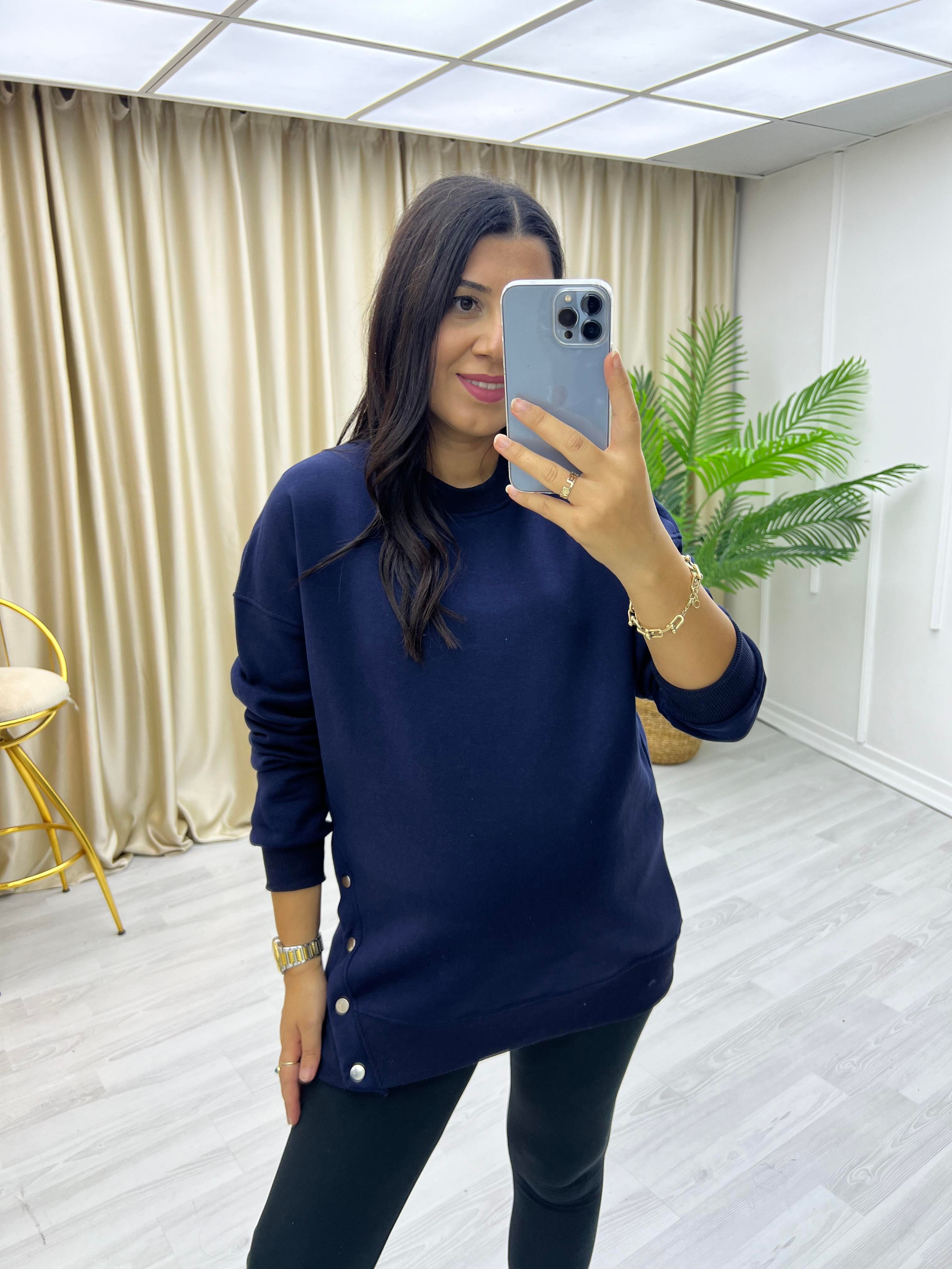 Yanlar Zımbalı Şardonlu Sweat Lacivert